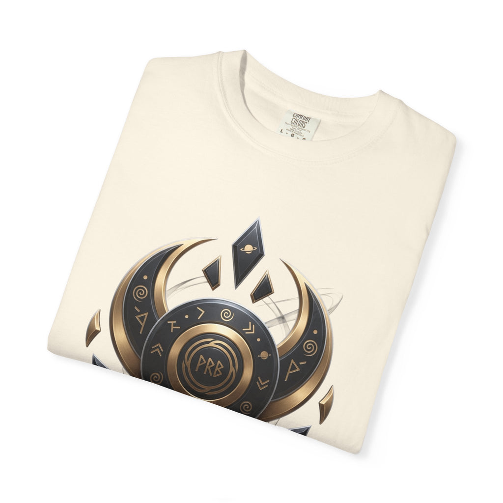 Power Runs Black Mystic Compass Disc T-Shirt — Geometric Gold & Black Emblem Tee by Printify