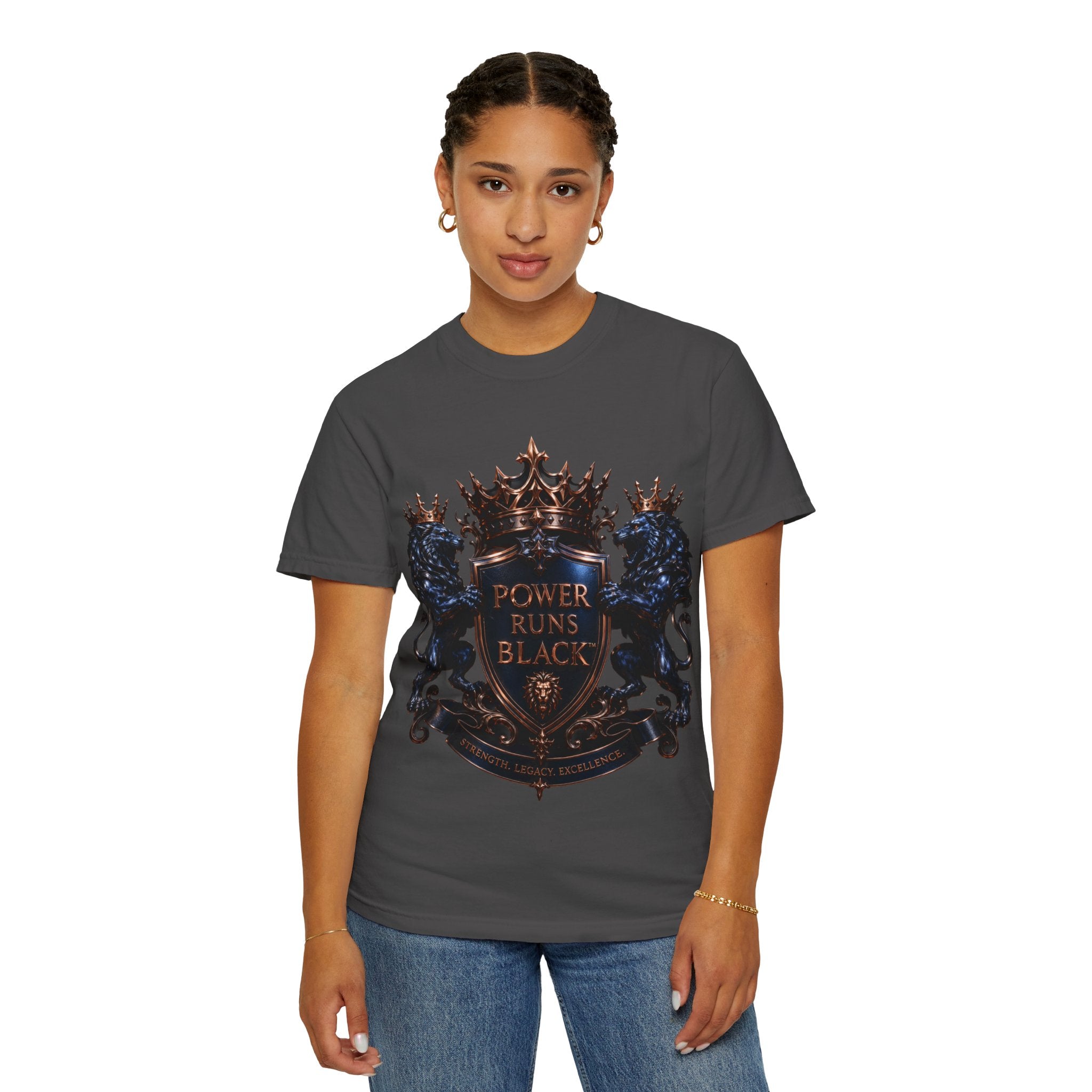 Power Runs Black Crest T-shirt | Heraldic Lion Shield Tee by Power Runs Black