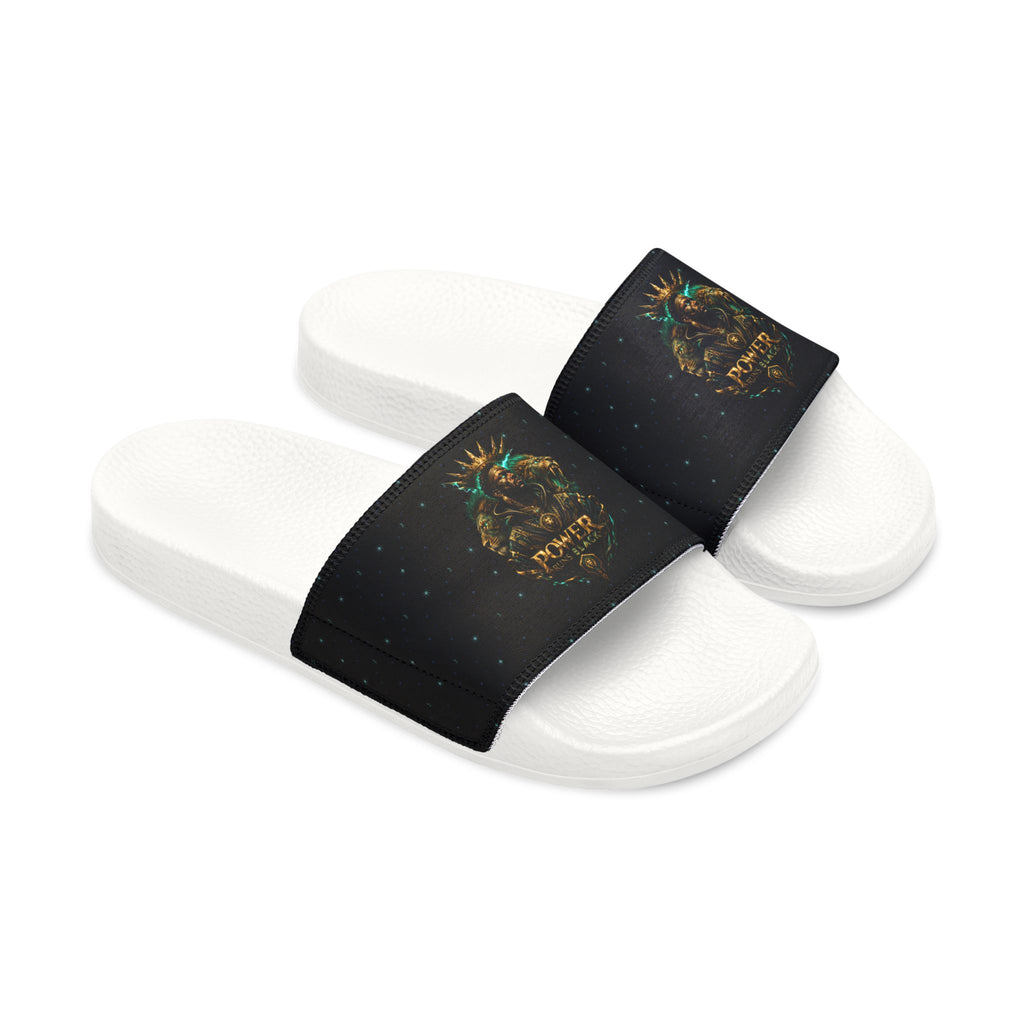 Power Runs Black Slide Sandals - Black Mythical Crest Logo Slides for Men by Power Runs Black