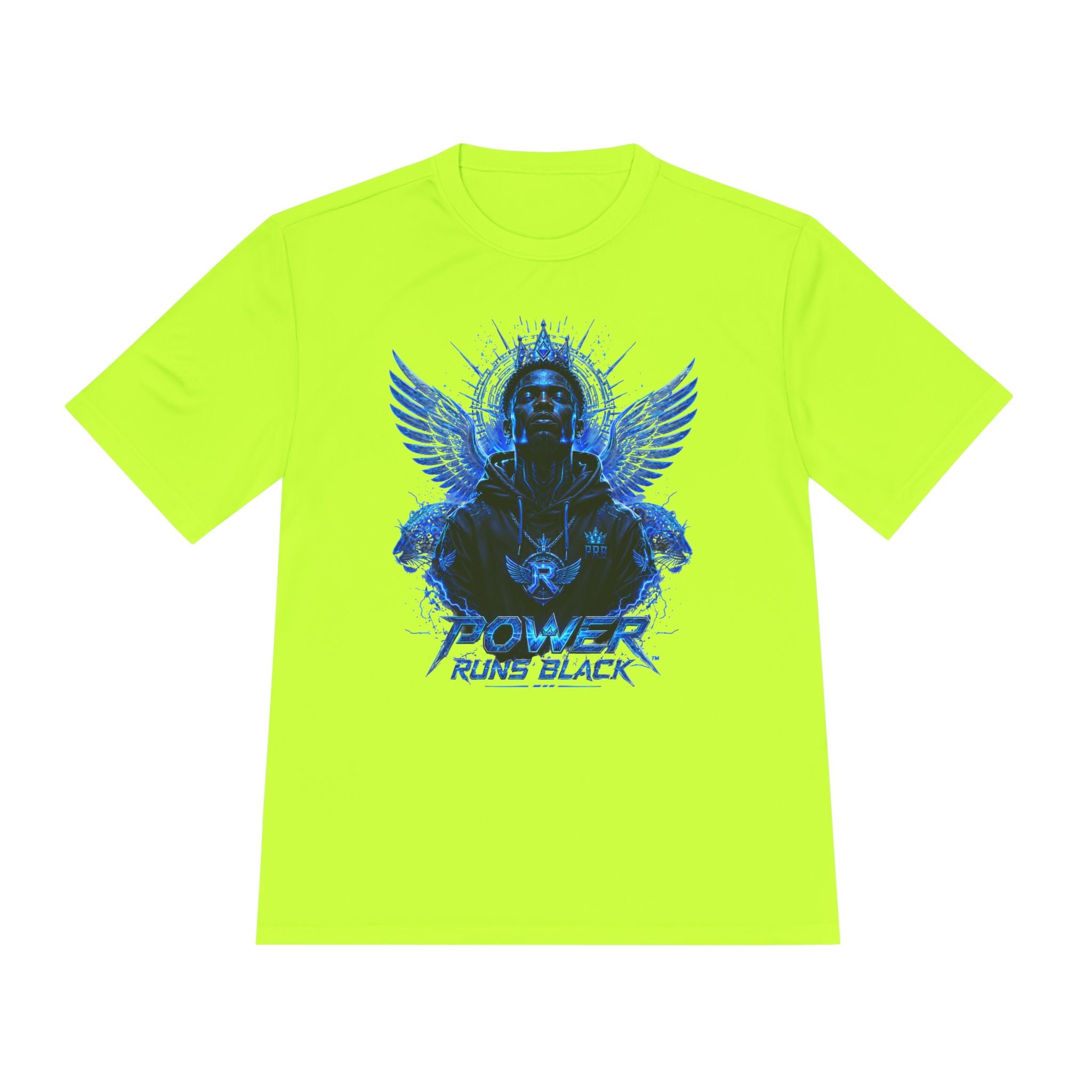Power Runs Black graphic Tee | Blue angel wings, armored figure, bold script by Power Runs Black