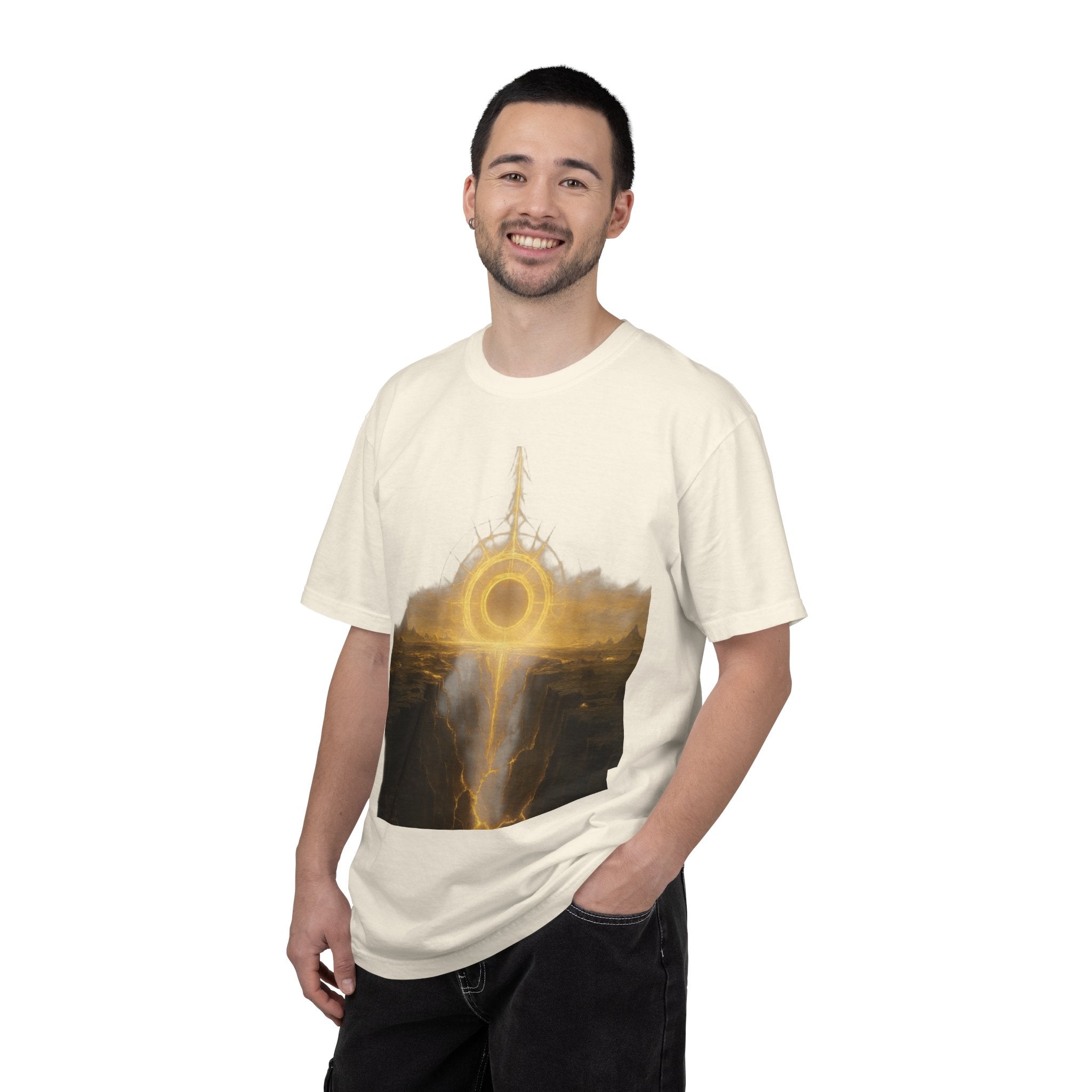 Power Runs Black PRB Golden Eclipse Portal T-shirt | Fantasy Landscape, Mystic Ring, Tower Art by Power Runs Black