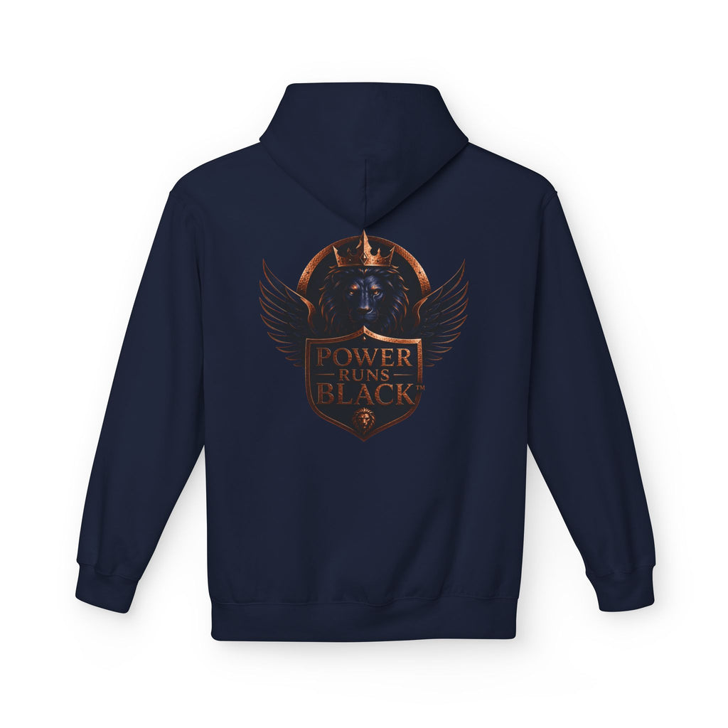 Power Runs Black crest hoodie | medieval shield with lions and wings by Power Runs Black