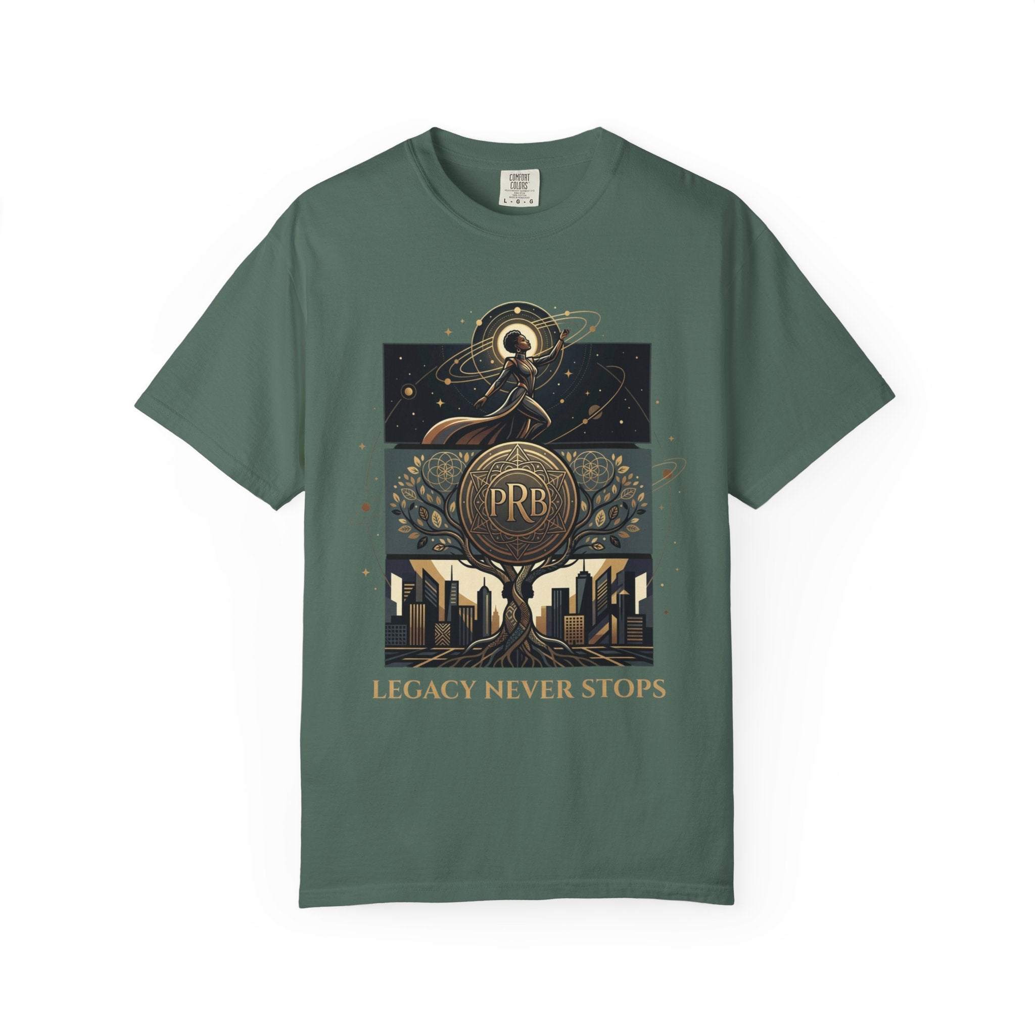 PRB Legacy Never Stops Graphic T-Shirt | Art Deco City Skyline Tee by Printify