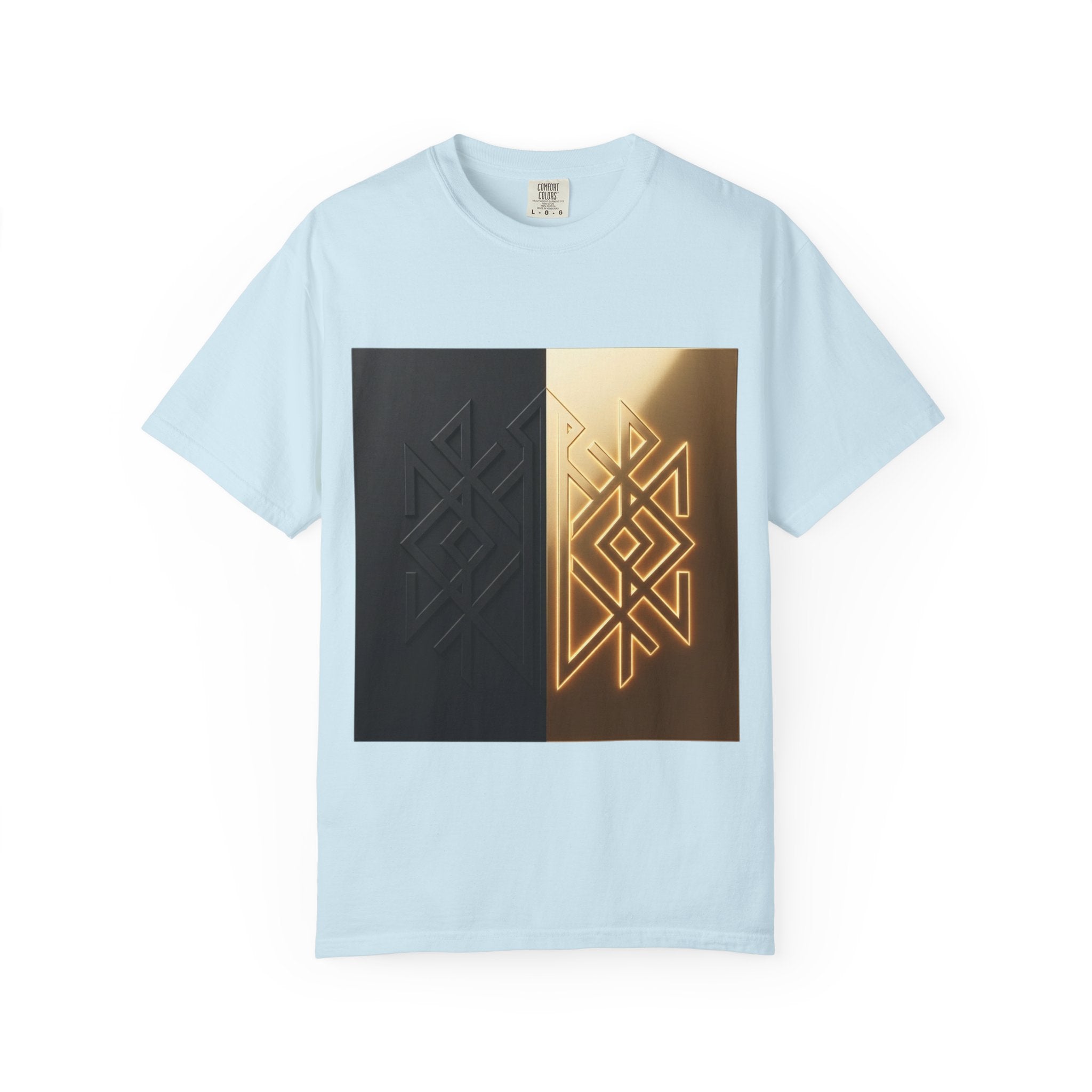 Power Runs Black PRB Geometric Split Glow T-Shirt — Black & Gold Tribal Diamond Graphic by Power Runs Black