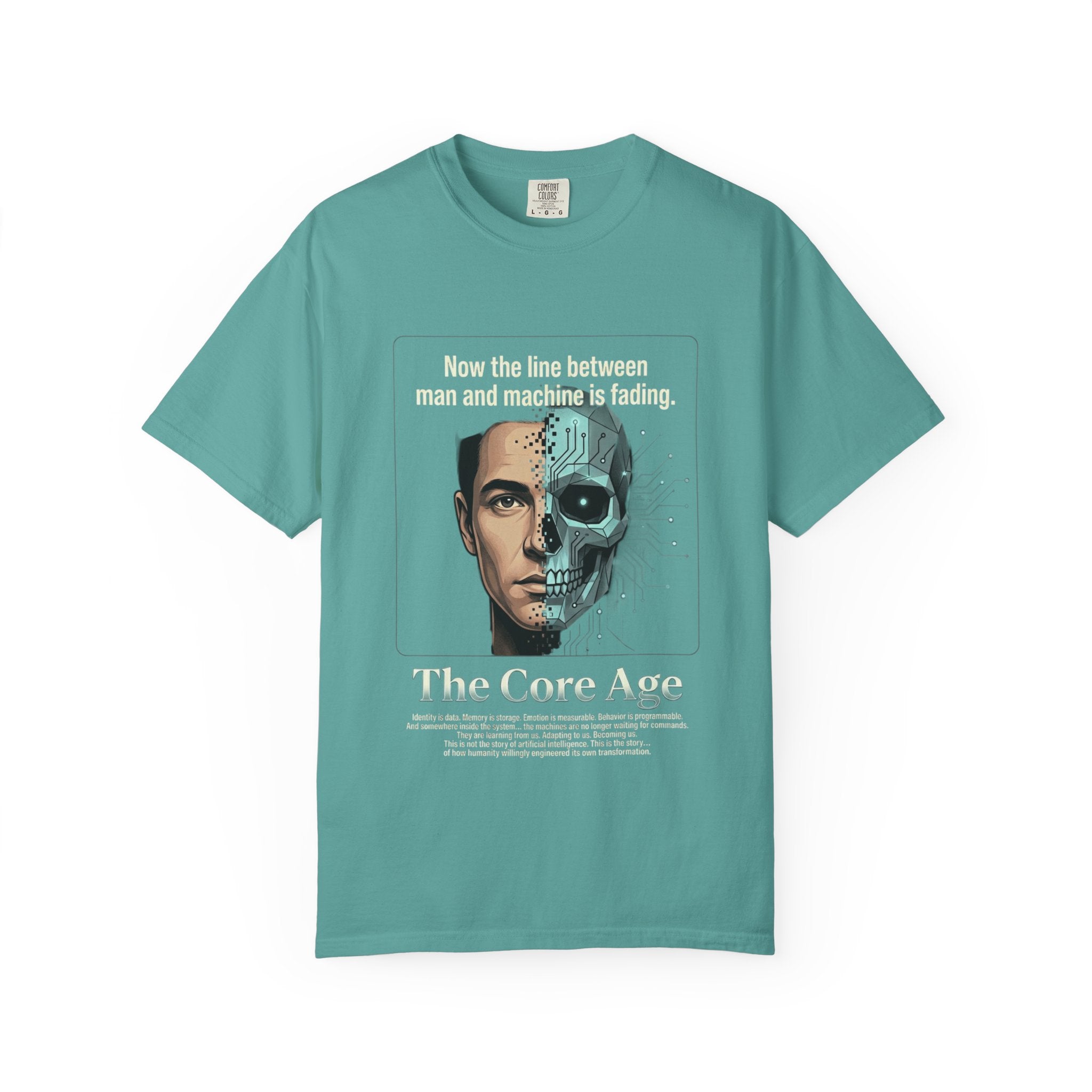 Power Runs Black AI Fusion Graphic T-Shirt — "The Core Age" Split Face Design by Power Runs Black