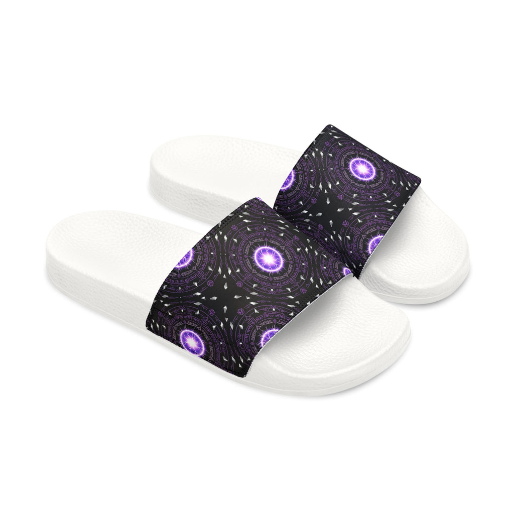 Power Runs Black Men's Removable-Strap Slide Sandals — Purple Cosmic Mandala Pattern by Power Runs Black