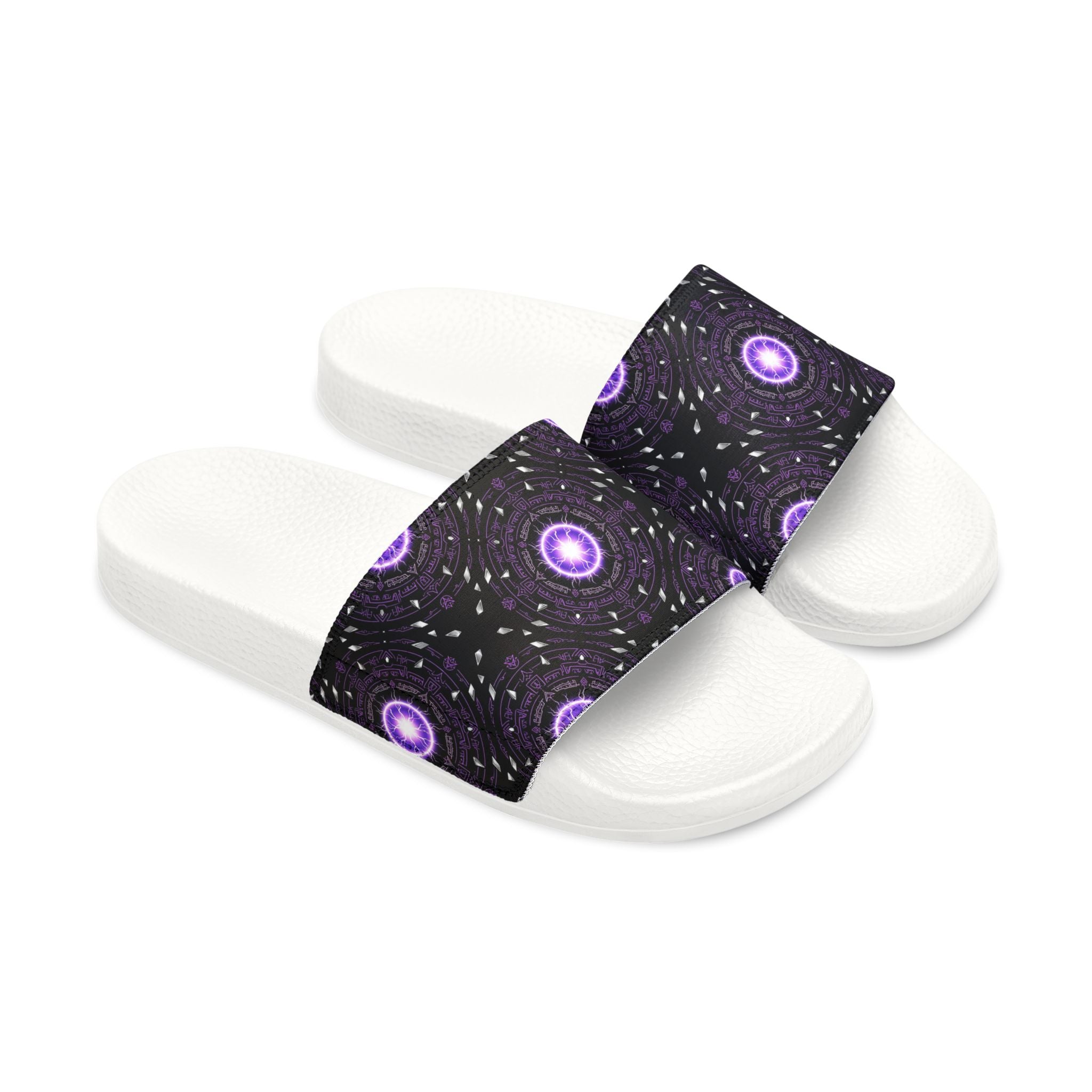 Power Runs Black Men's Removable-Strap Slide Sandals — Purple Cosmic Mandala Pattern by Power Runs Black