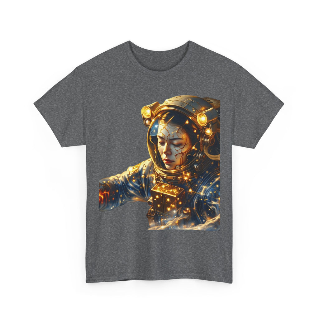 PRB Golden Astronaut Portrait T-Shirt | Space Helmet Art, Cosmic Lights by Power Runs Black