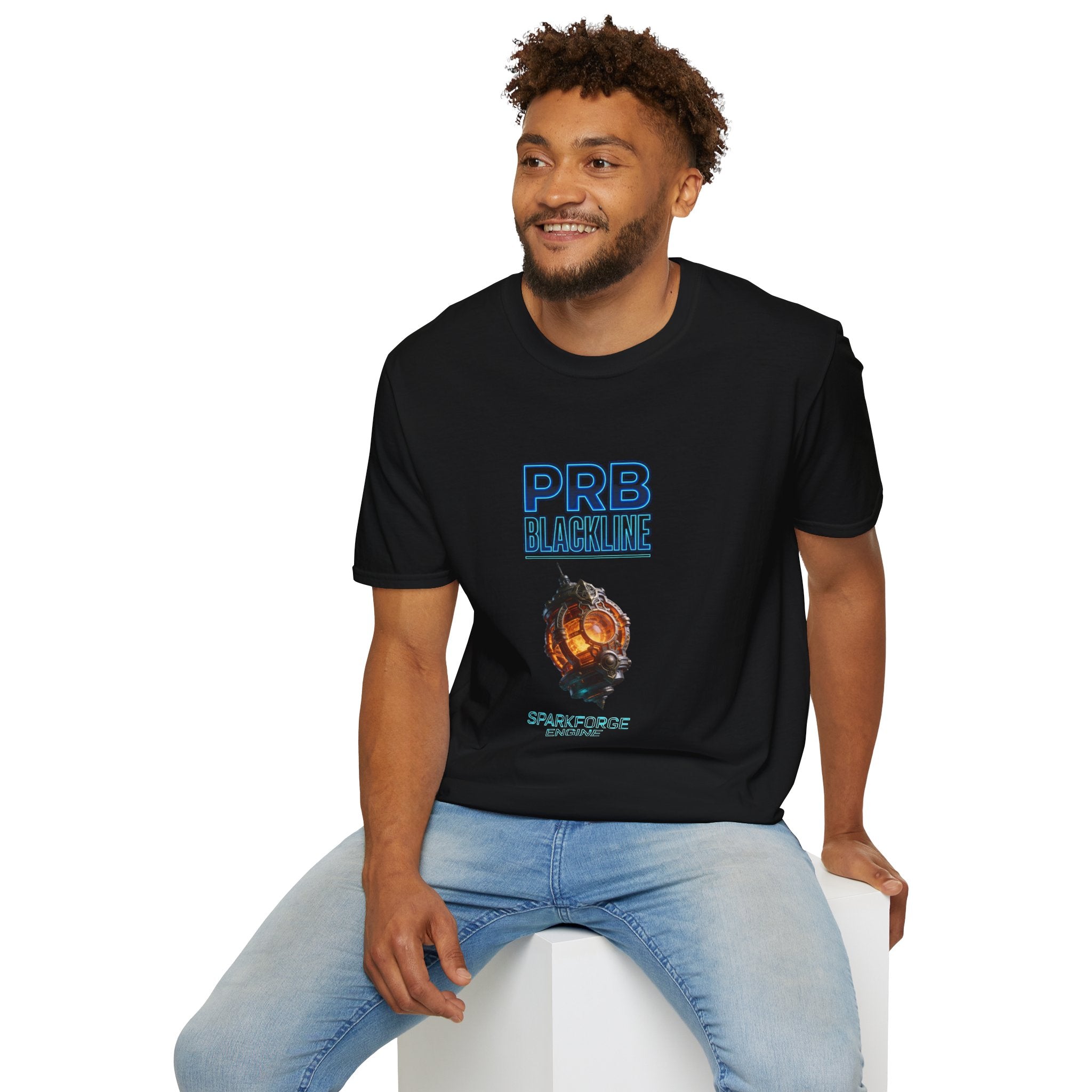 PRB Blackline Sparkforge Engine T‑Shirt — Sci‑Fi Mechanical Graphic Tee by Power Runs Black