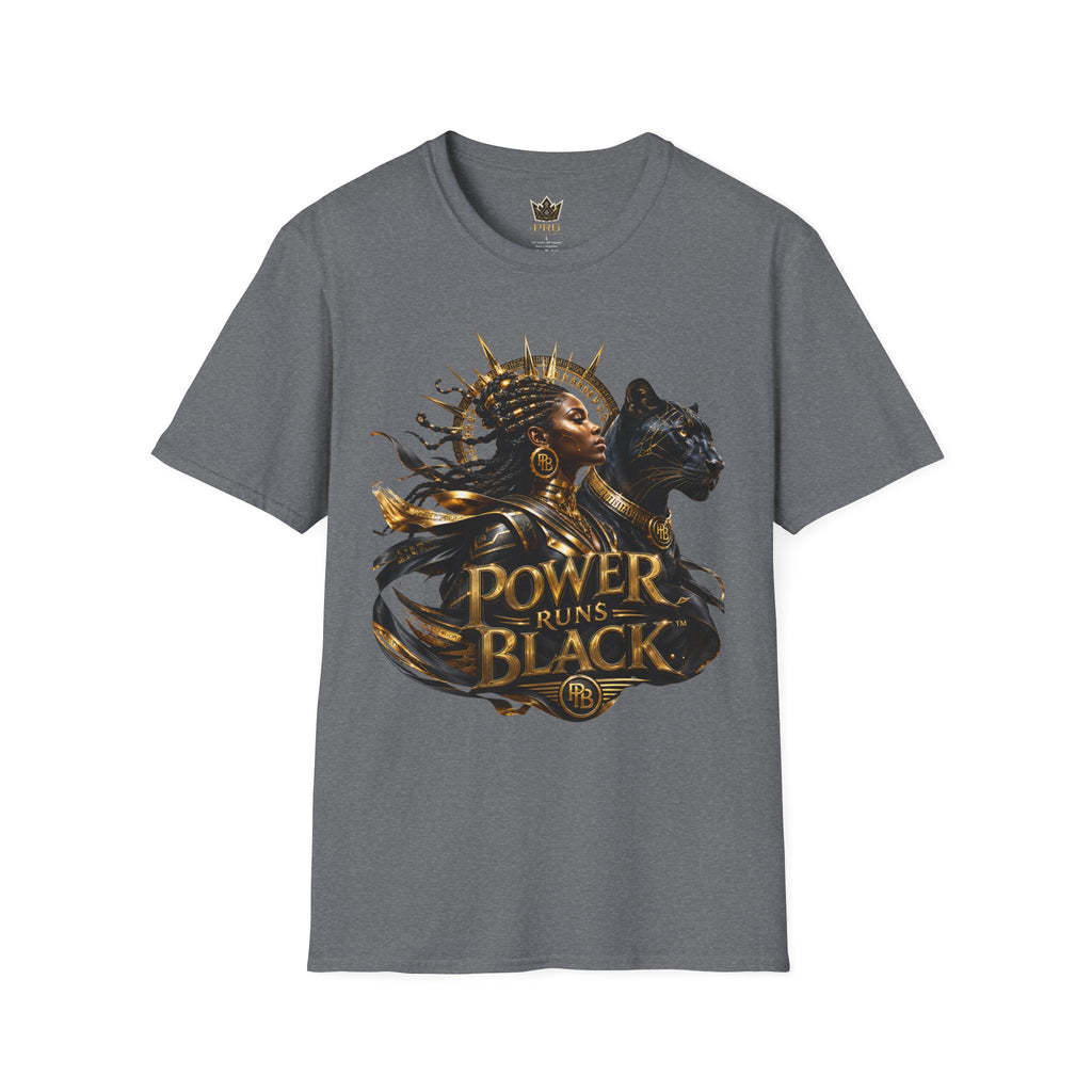 Power Runs Black PRB | Black Woman Portrait, Gold Accents Panther Graphics T by Power Runs Black