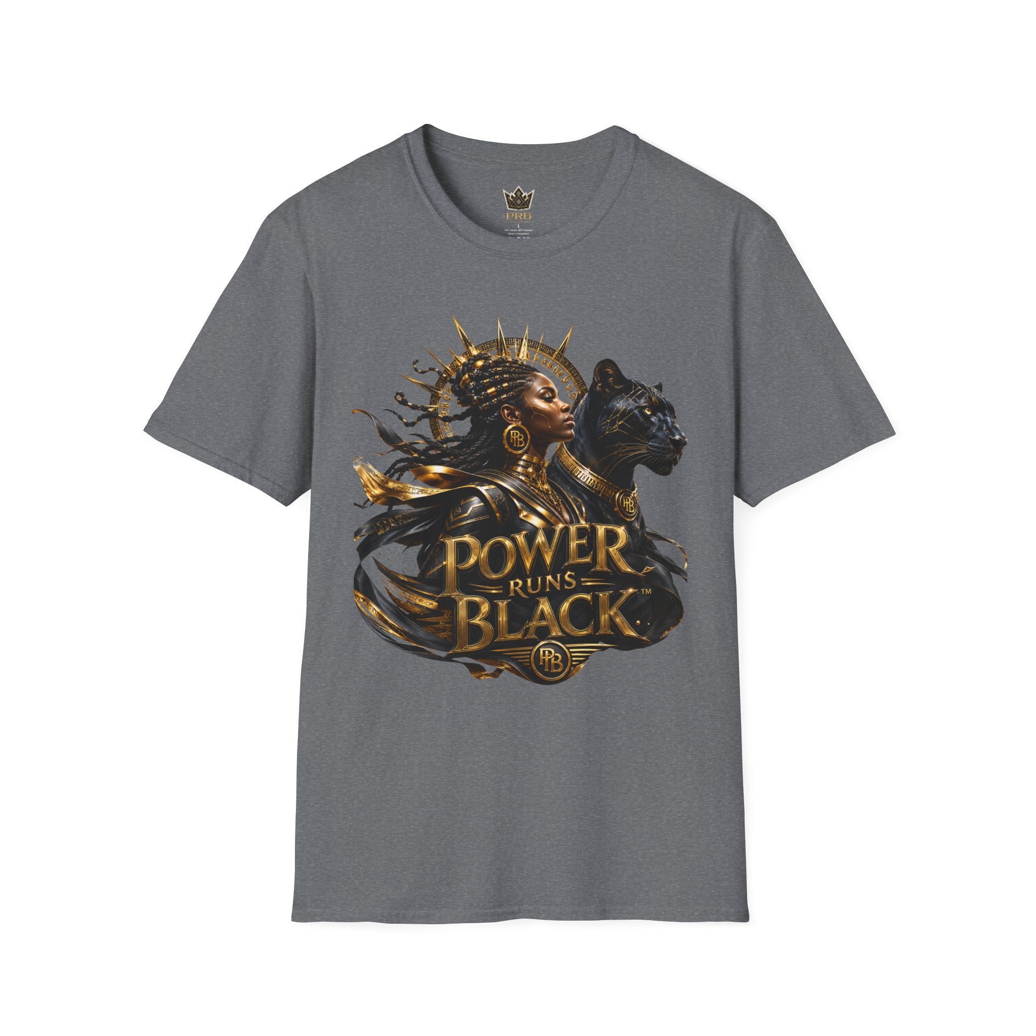 Power Runs Black PRB | Black Woman Portrait, Gold Accents Panther Graphics T by Power Runs Black
