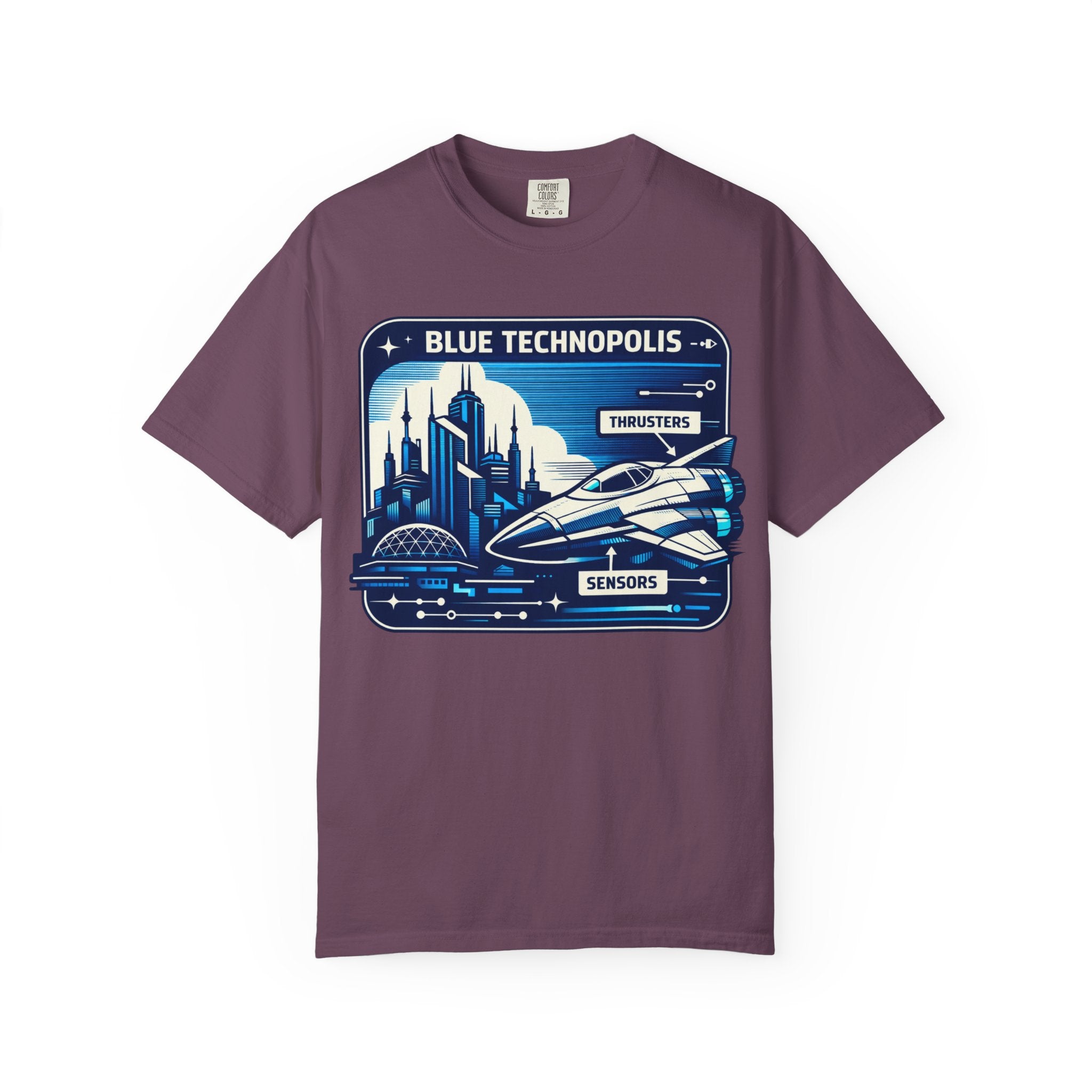 Power Runs Black PRB Technopolis Spacecraft T-Shirt — Blue Technopolis Retro Sci‑Fi Tee by Power Runs Black