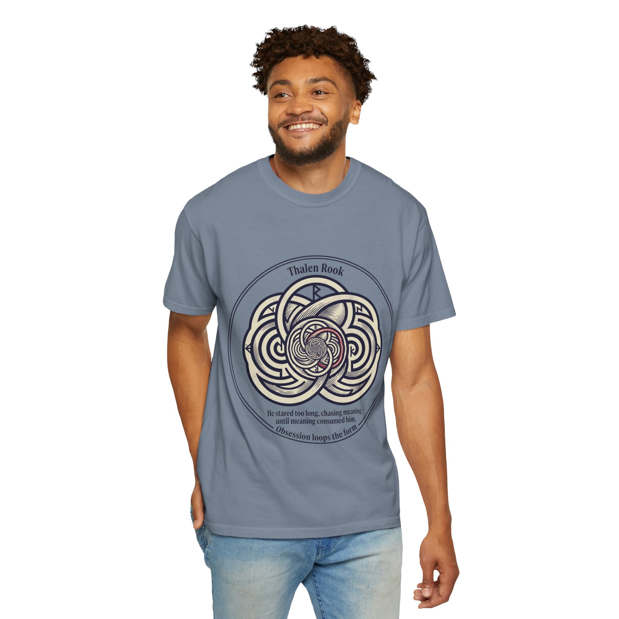 Power Runs Black PRB Thalen Rook Celtic Knot Graphic T-Shirt — "He stared too long..." Quote Tee by Printify