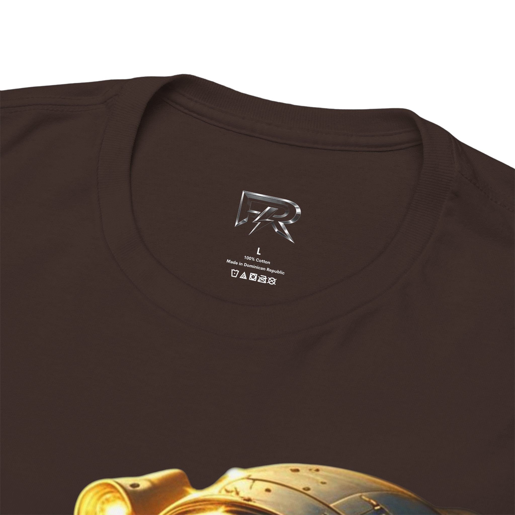 Power Runs Black PRB Golden Astronaut Portrait T-Shirt | Space Helmet Art, Cosmic Lights by Printify