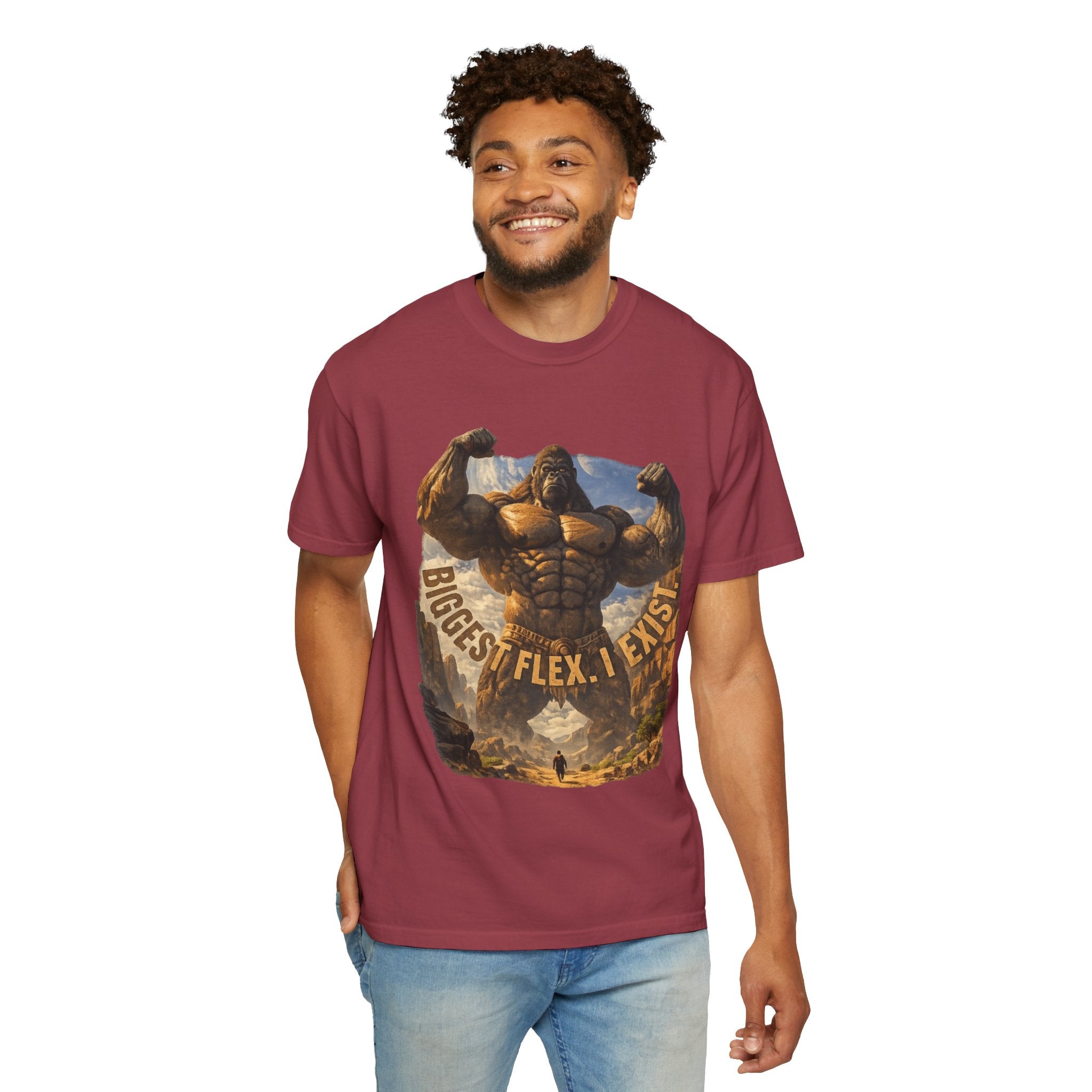 Power Runs Black PRB Biggest Flex I Exist T-Shirt — Funny Muscle Gorilla Graphic Tee by Printify