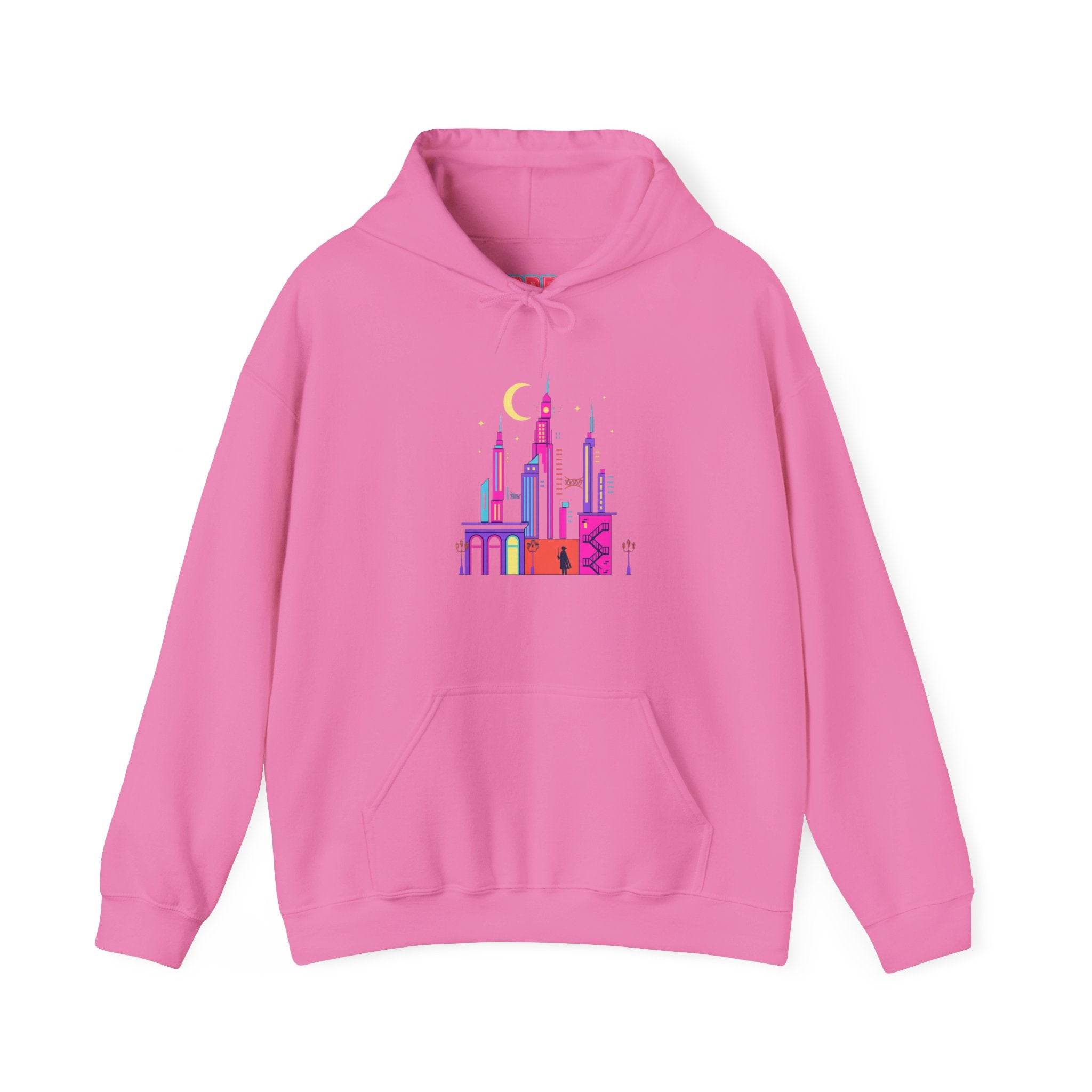 PRB Colorful City Skyline Hoodie – Vibrant Nighttime Urban Graphic by Printify