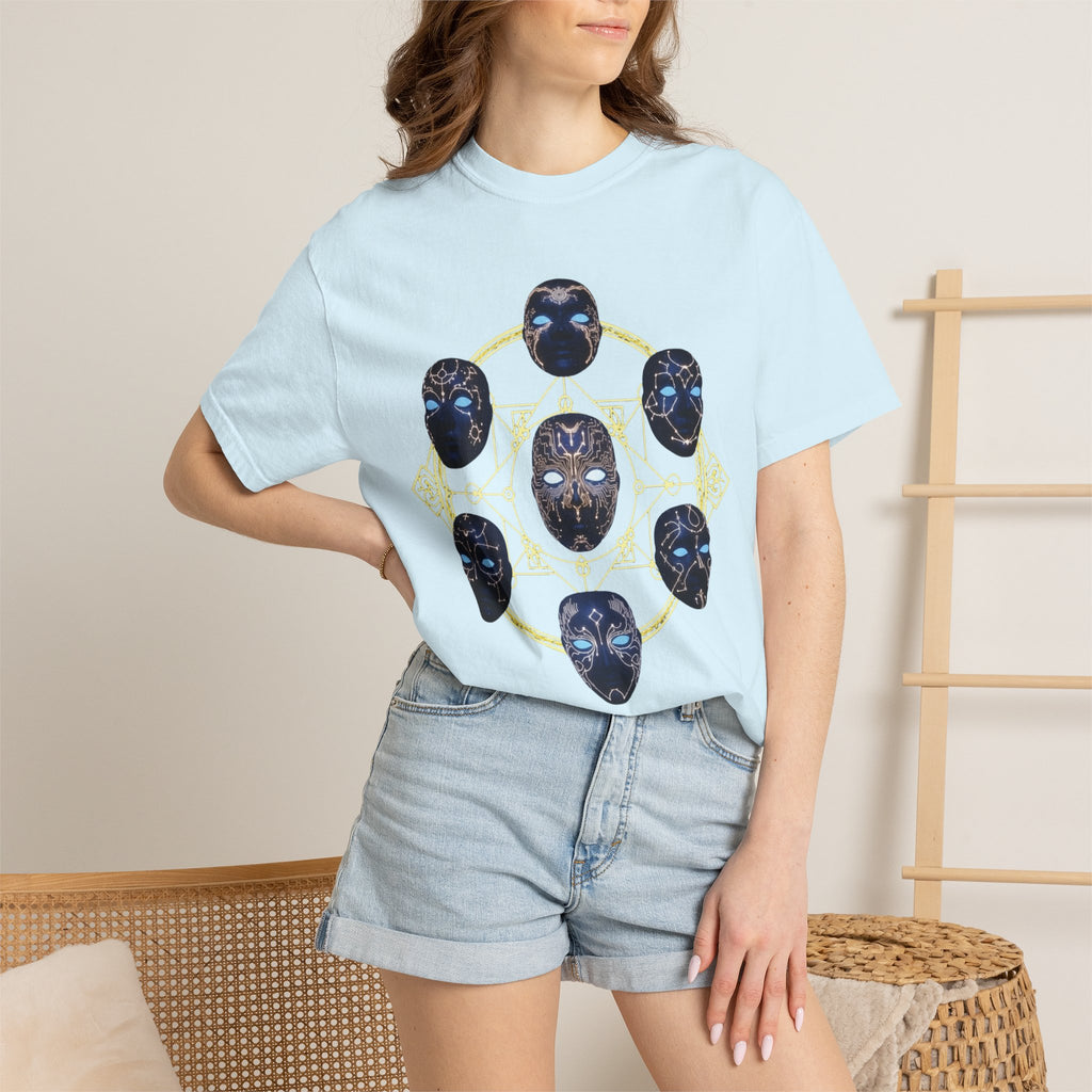 PRB Tribal Mask Circle Graphic Tee, Spiritual Afrocentric Art by Printify