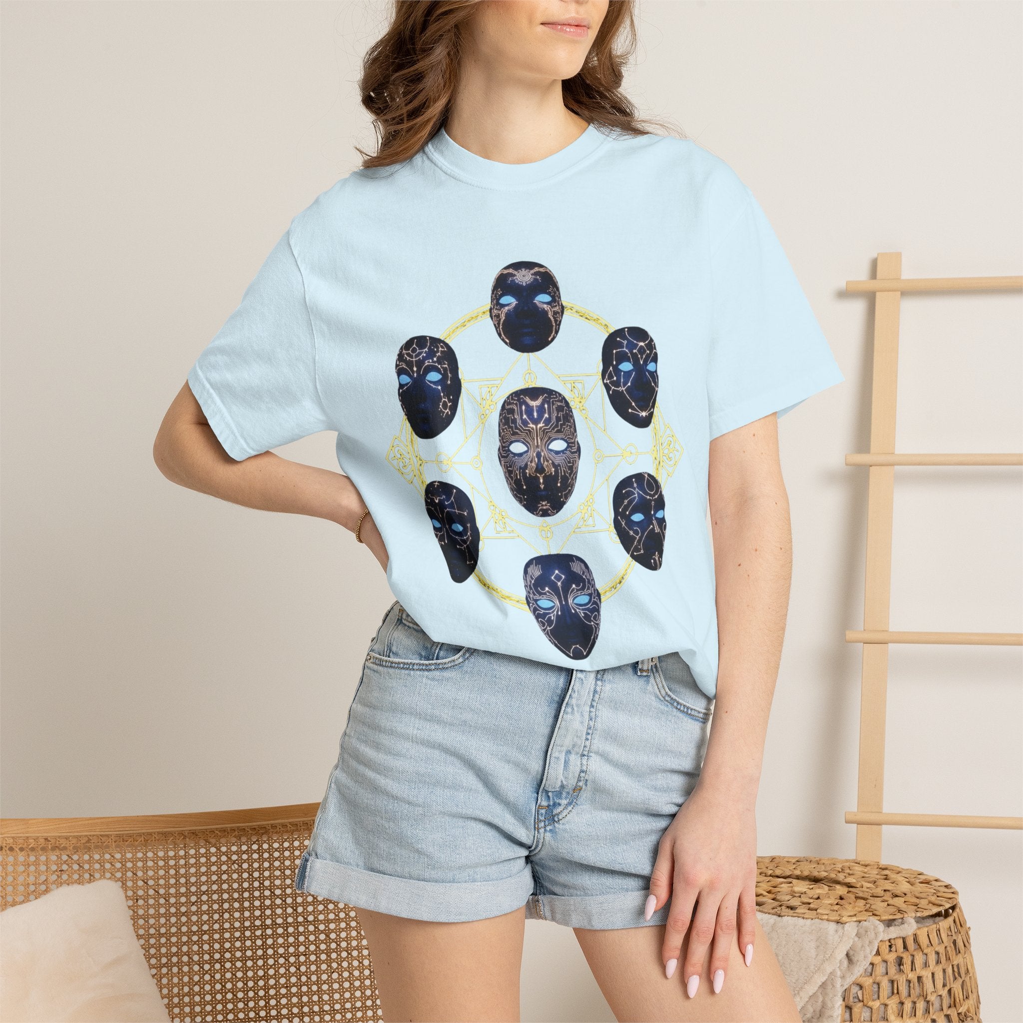 PRB Tribal Mask Circle Graphic Tee, Spiritual Afrocentric Art by Printify