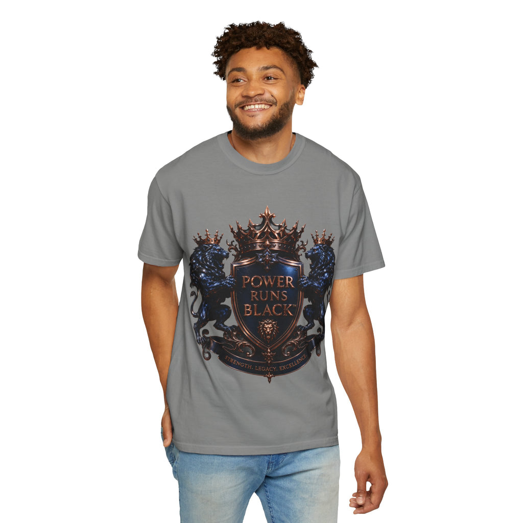Power Runs Black Crest T-shirt | Heraldic Lion Shield Tee by Power Runs Black