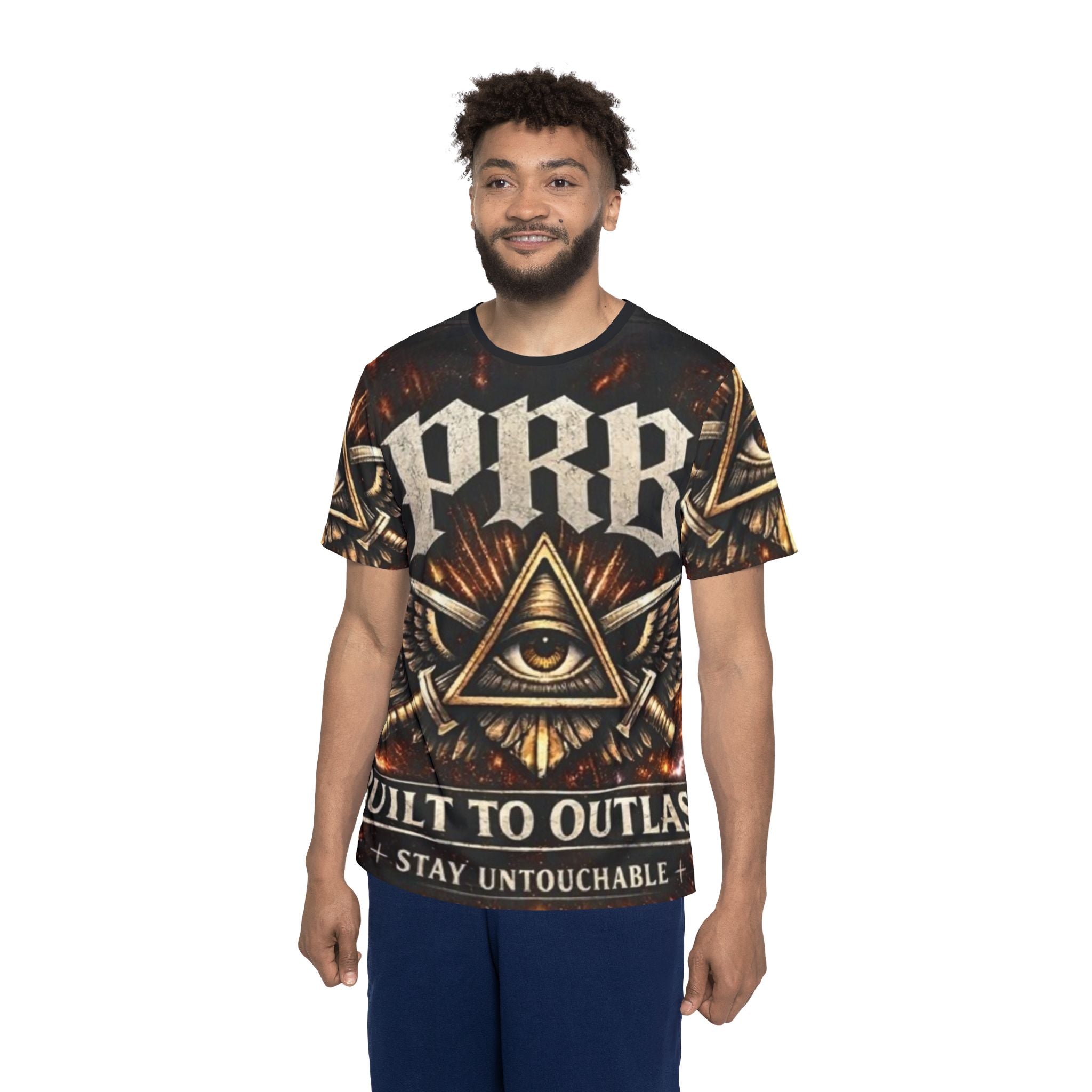 PRB Men's All-Over Print Sports Jersey | Built to Outlast Graphic Shirt by Power Runs Black