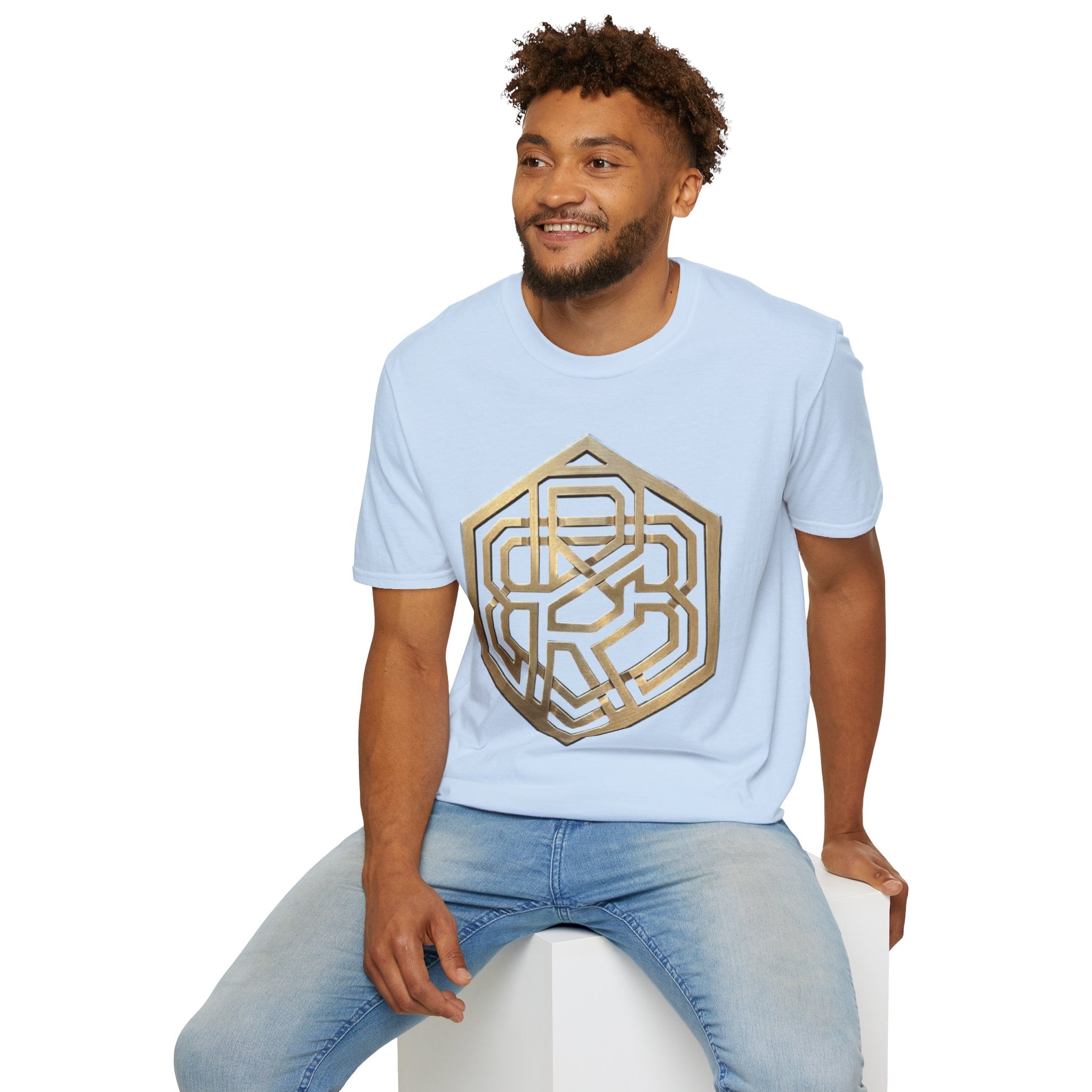 Power Runs Black PRB Geometric Gold Hexagon T-Shirt — Modern Maze Logo Tee by Printify