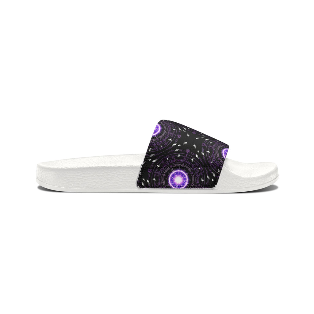 Power Runs Black Men's Removable-Strap Slide Sandals — Purple Cosmic Mandala Pattern by Power Runs Black