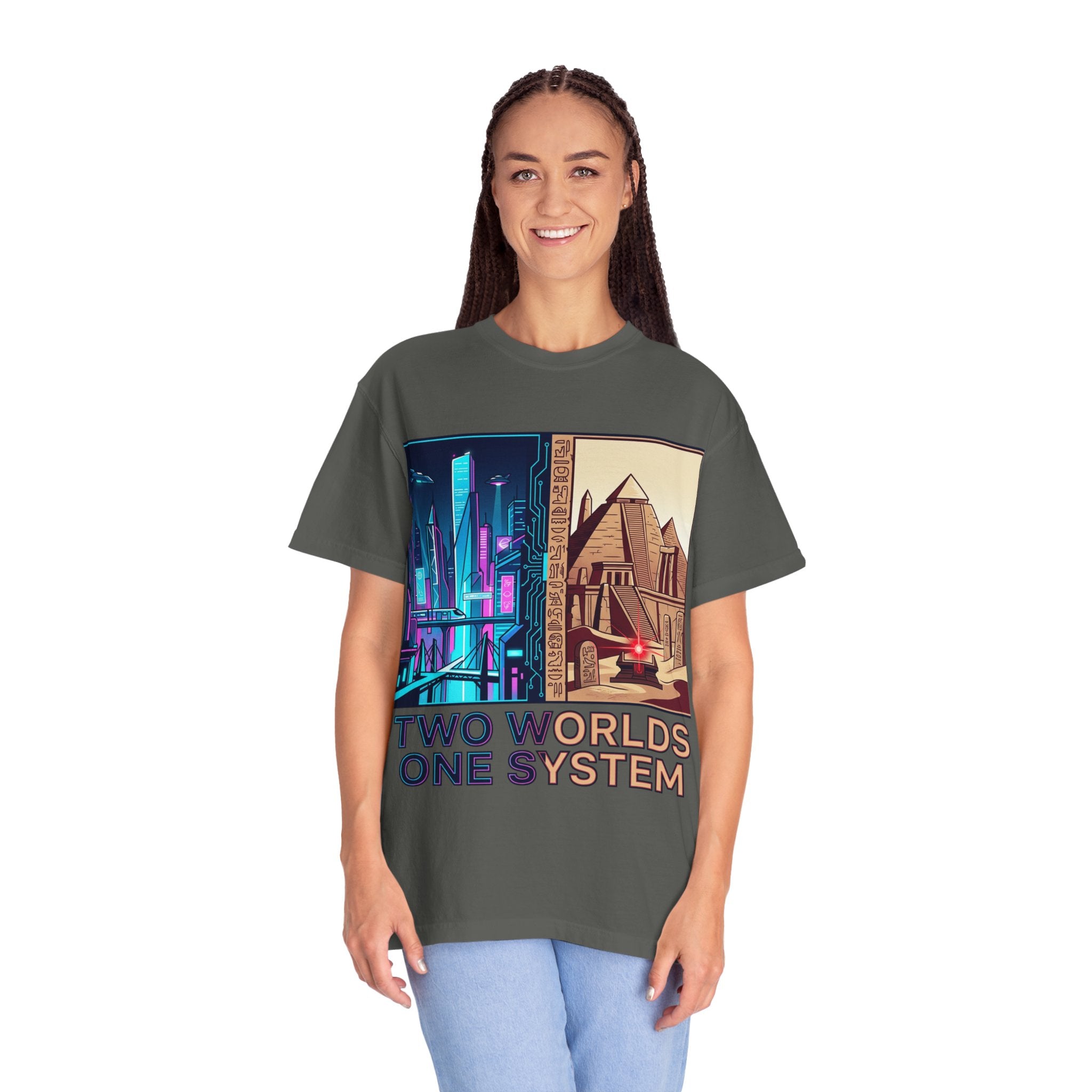 Power Runs Black PRB Blue Technopolis/ Red Dominion Two Worlds One System T-Shirt by Power Runs Black