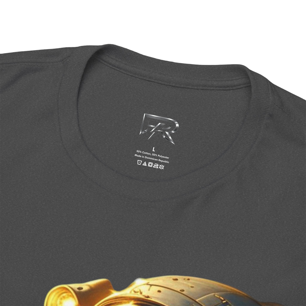Power Runs Black PRB Golden Astronaut Portrait T-Shirt | Space Helmet Art, Cosmic Lights by Printify