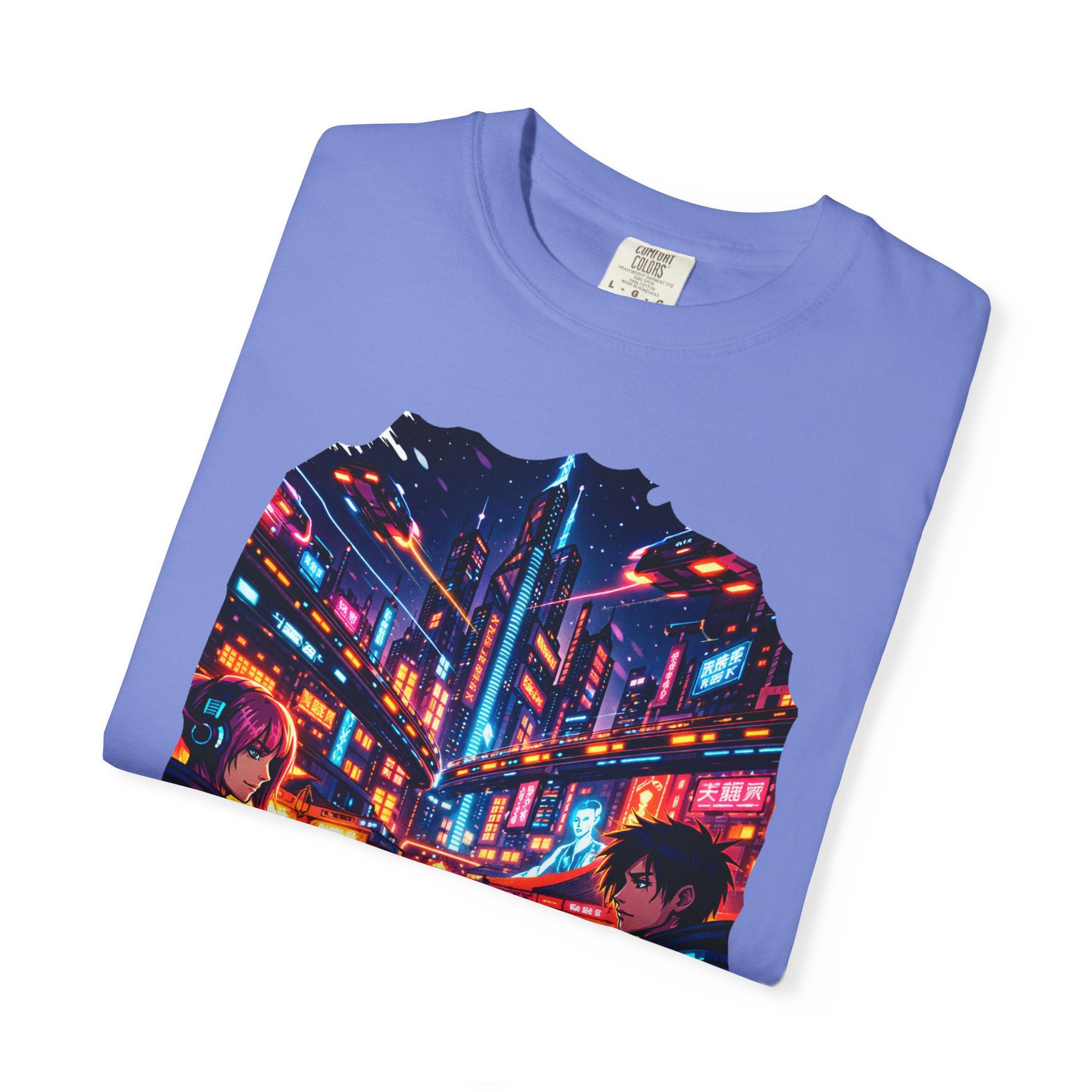 PRB Neon Cyberpunk Cityscape T-shirt | Anime Night Rain Streets by Power Runs Black