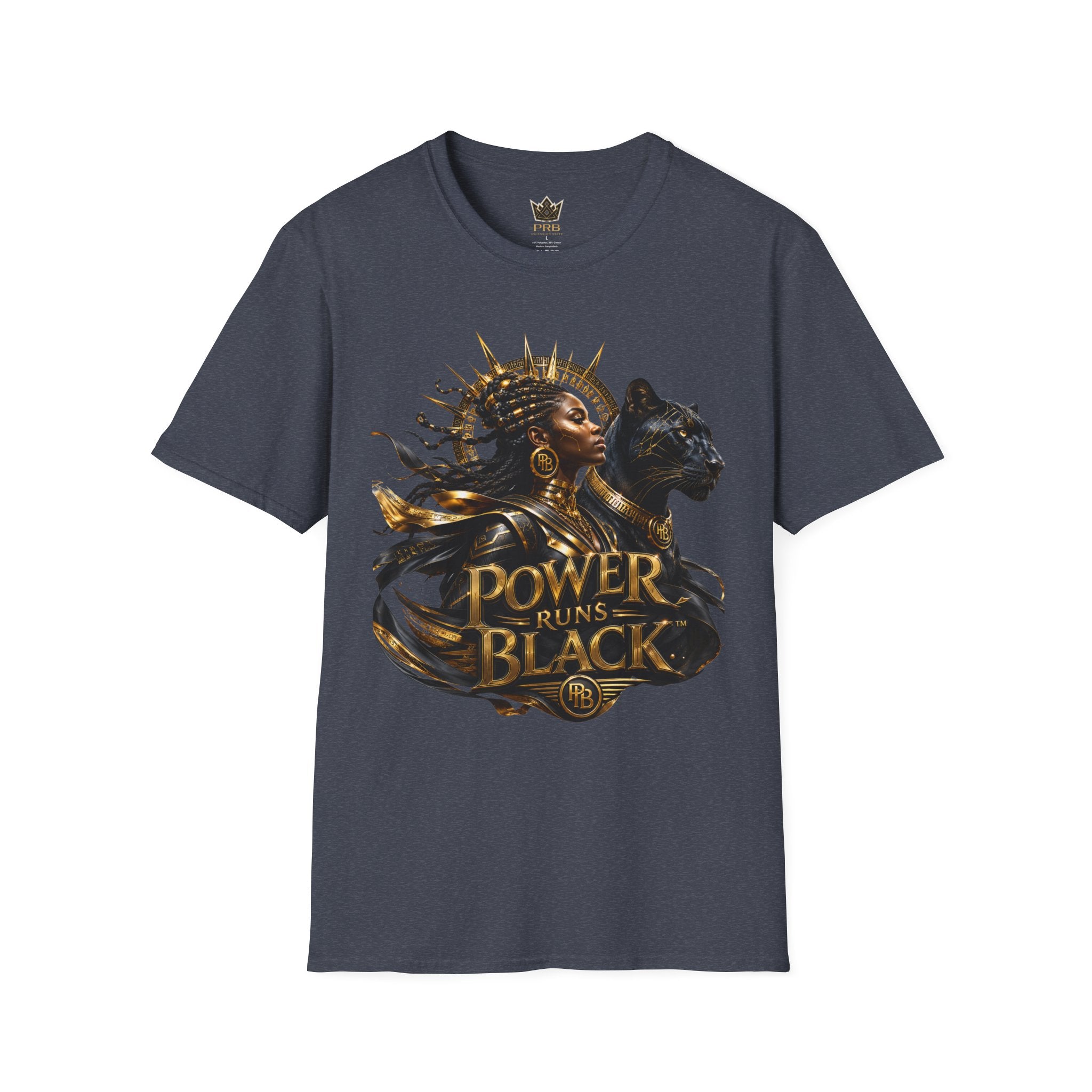 Power Runs Black PRB | Black Woman Portrait, Gold Accents Panther Graphics T by Power Runs Black