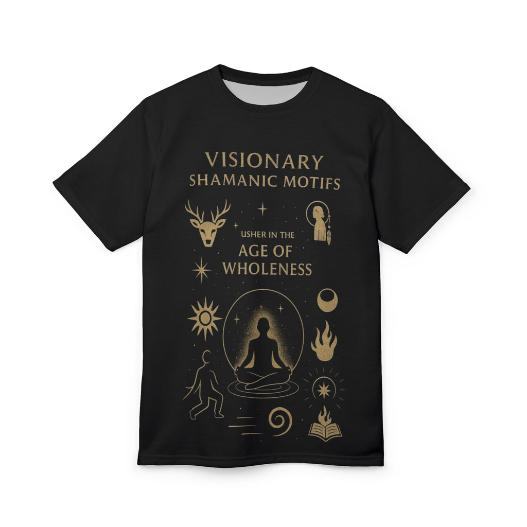 PRB Age of Wholeness meditation symbols Tee | shamanic motifs, celestial design by Power Runs Black