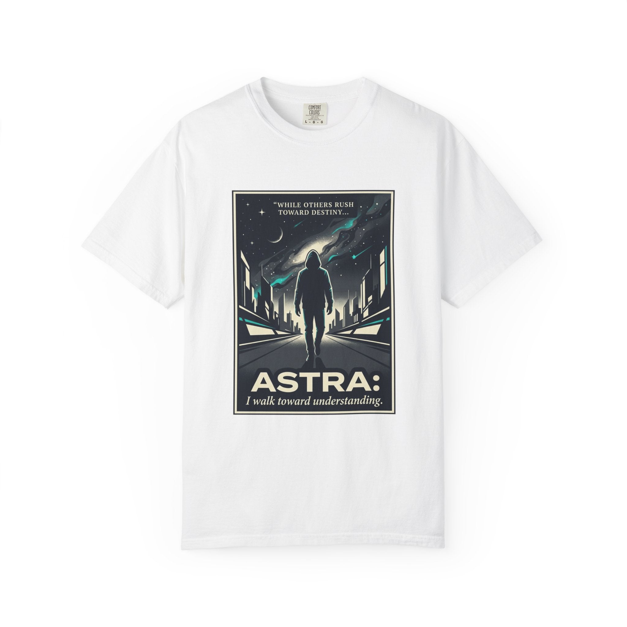 Power Runs Black Astra Sci‑Fi Graphic T-Shirt — "I walk toward understanding" Poster Design by Power Runs Black