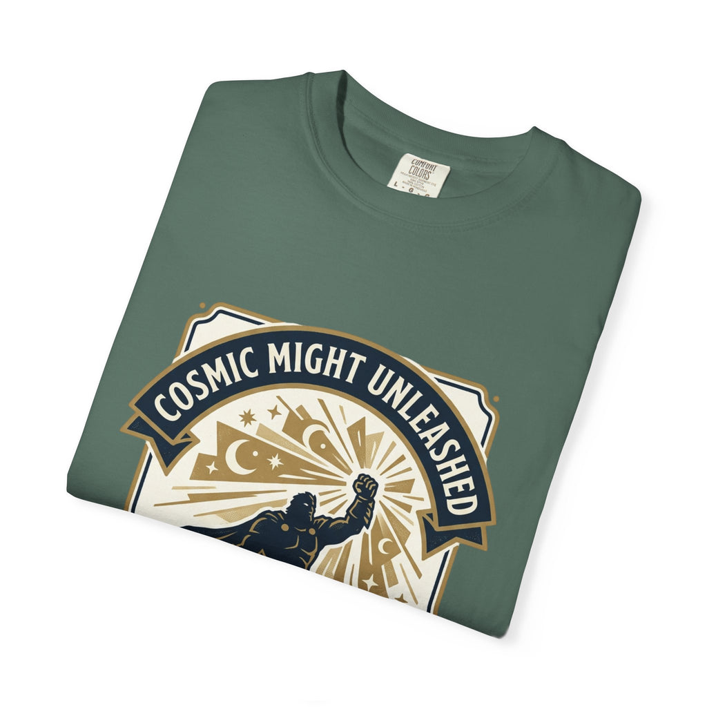 PRB Starforged Flex Cosmic Might Unleashed T-Shirt — Retro Superhero Space Graphic ('Power Does Not Rise, It Returns') by Power Runs Black