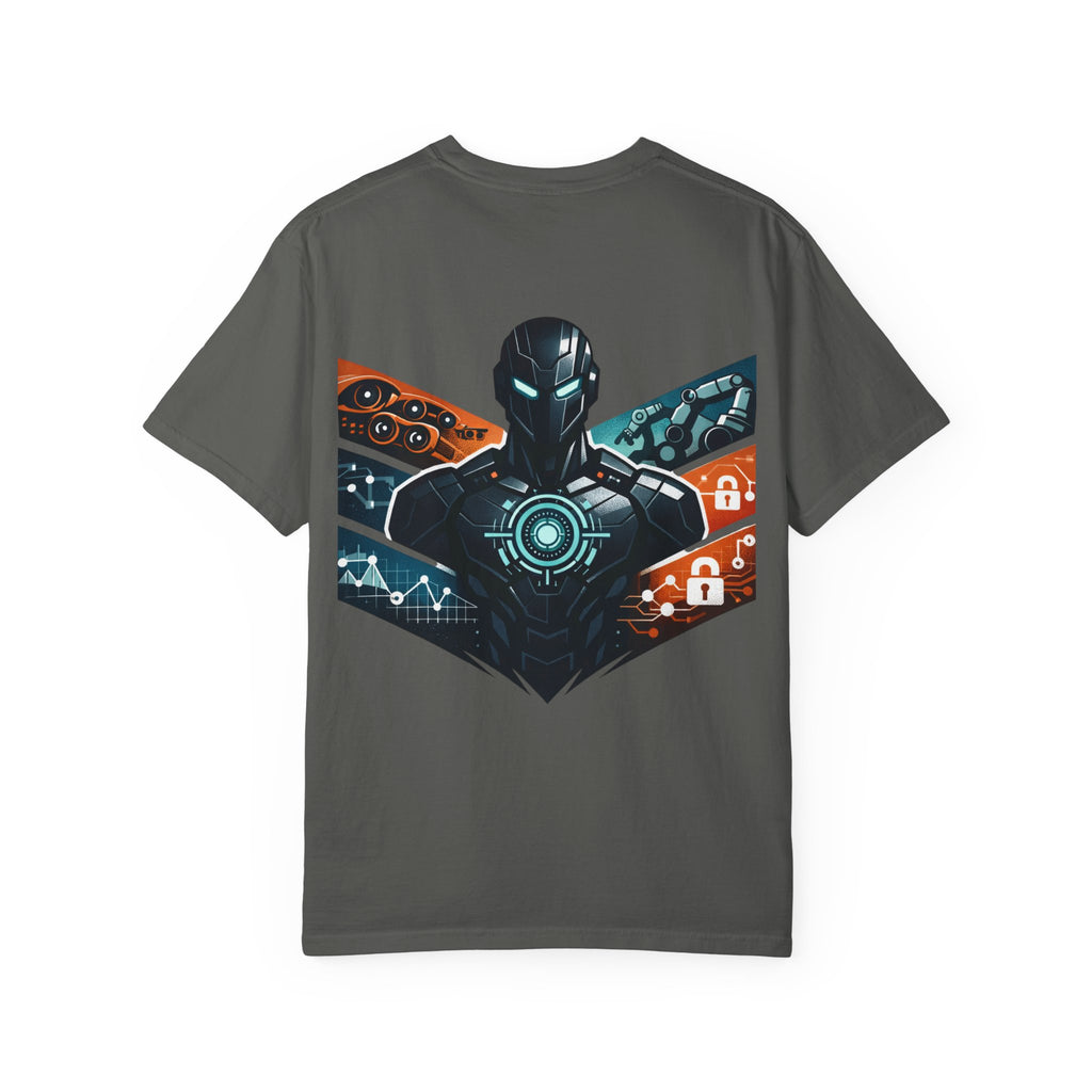Power Runs Black Cyberframe Unit T-Shirt — Futuristic Tech Armor Graphic Tee by Power Runs Black