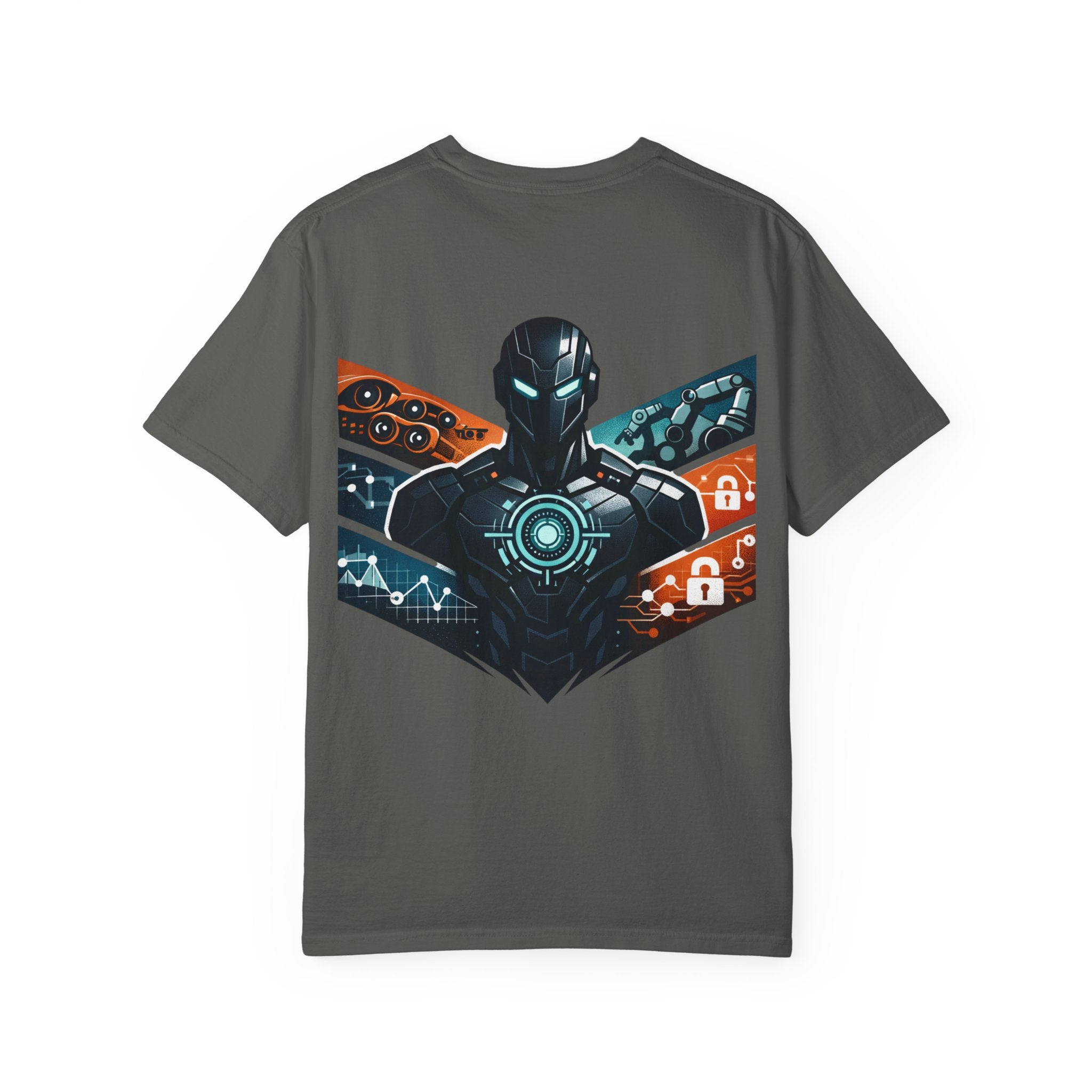 Power Runs Black Cyberframe Unit T-Shirt — Futuristic Tech Armor Graphic Tee by Power Runs Black