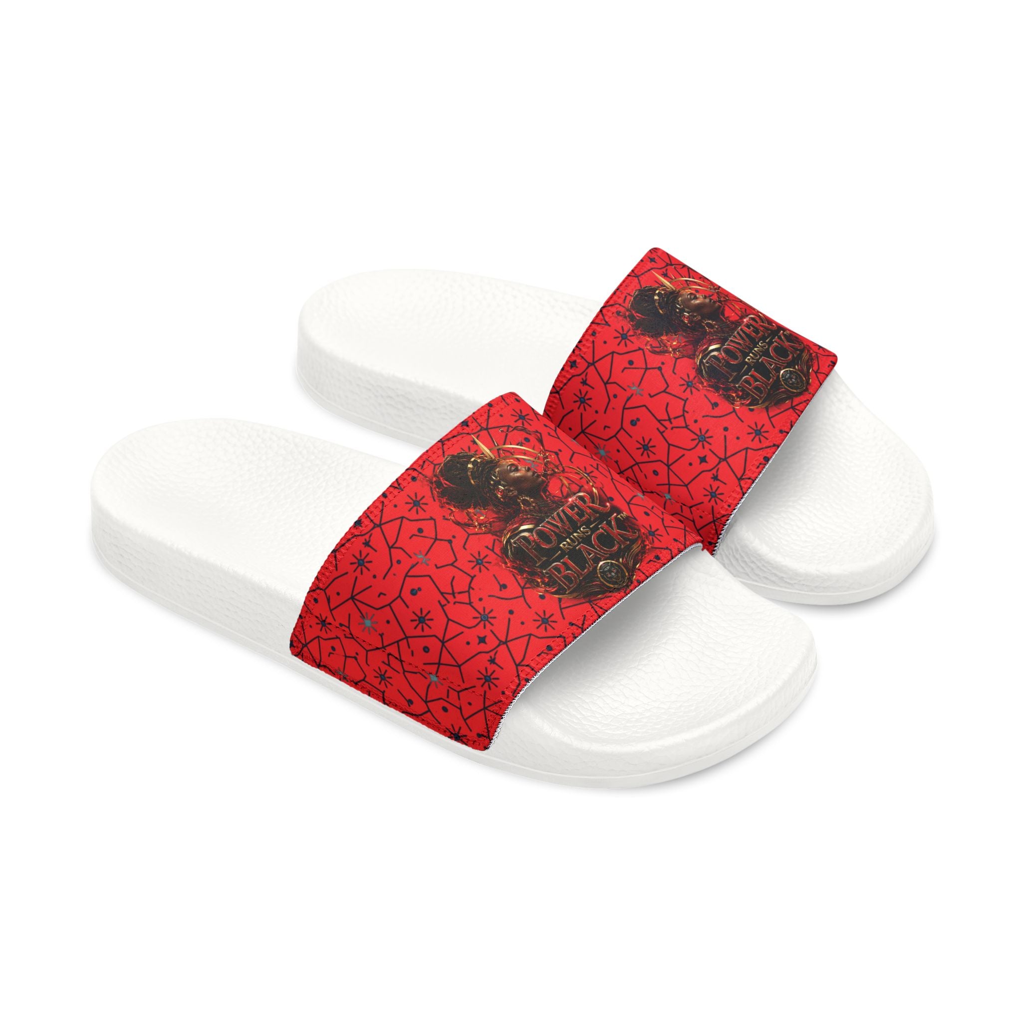Power Runs Black Removable-Strap Sandals - Red Floral Pattern Slide Sandals for Women by Power Runs Black