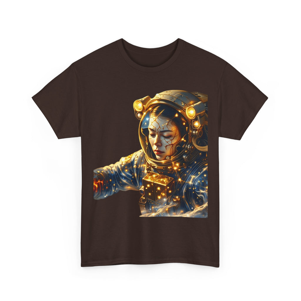 PRB Golden Astronaut Portrait T-Shirt | Space Helmet Art, Cosmic Lights by Power Runs Black