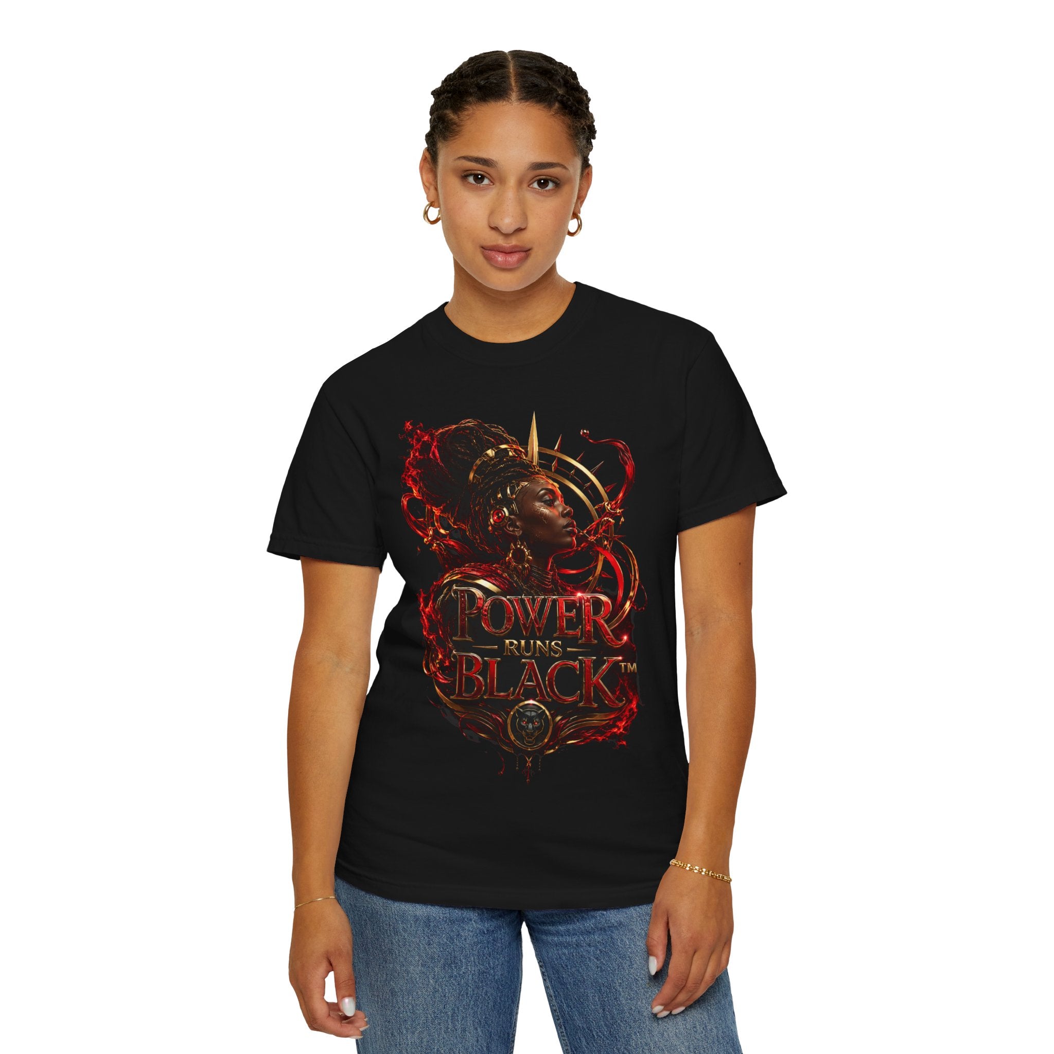 Power Runs Black T-Shirt — Afrocentric Crowned Goddess Graphic Tee by Printify