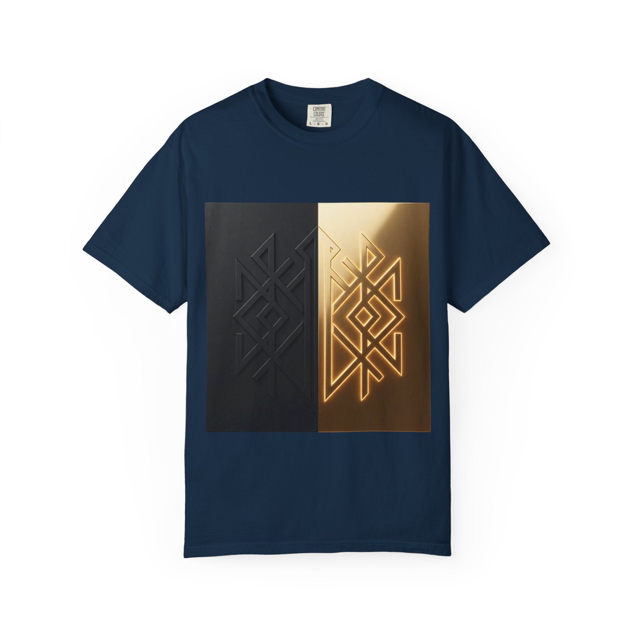 Power Runs Black PRB Geometric Split Glow T-Shirt — Black & Gold Tribal Diamond Graphic by Power Runs Black