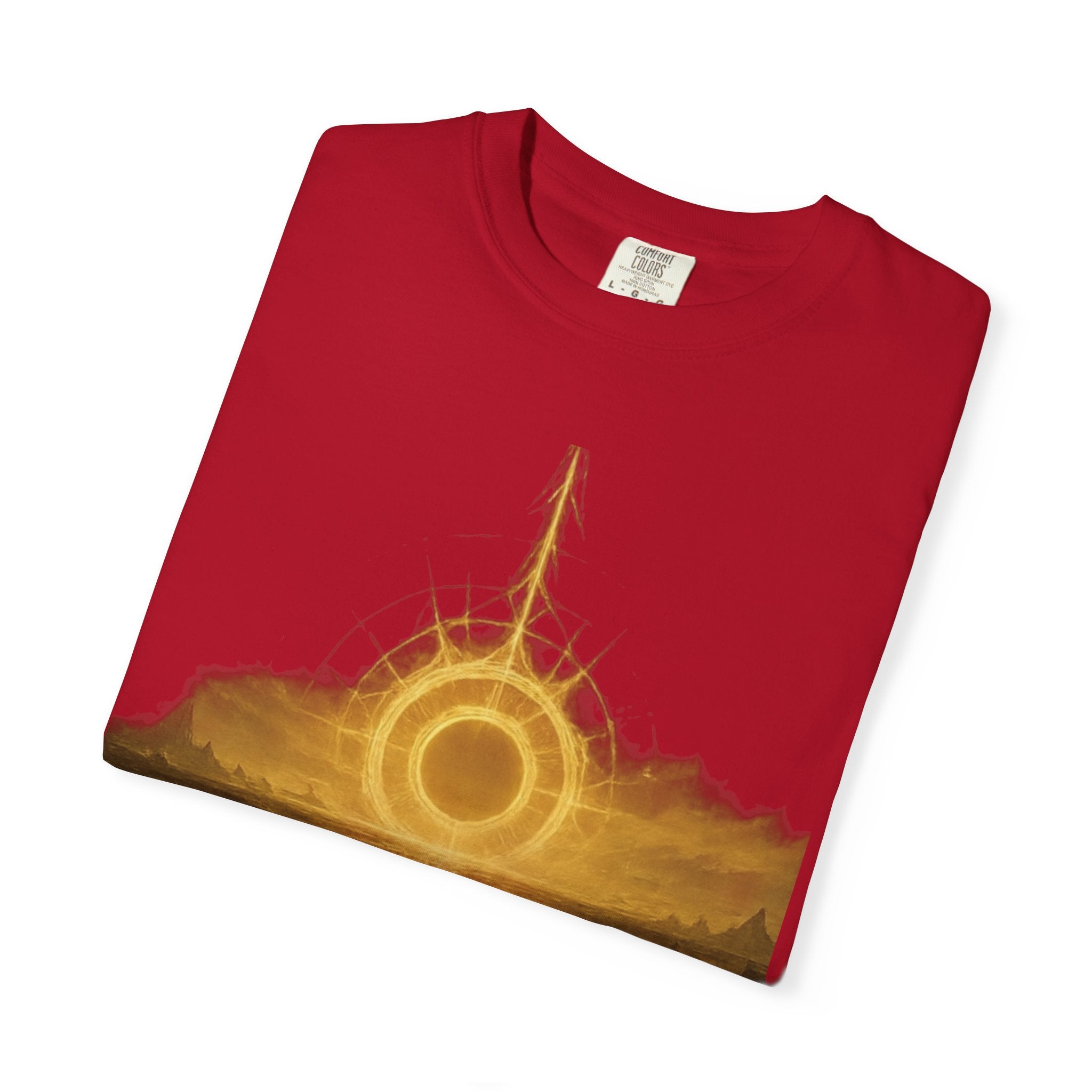 Power Runs Black PRB Golden Eclipse Portal T-shirt | Fantasy Landscape, Mystic Ring, Tower Art by Power Runs Black