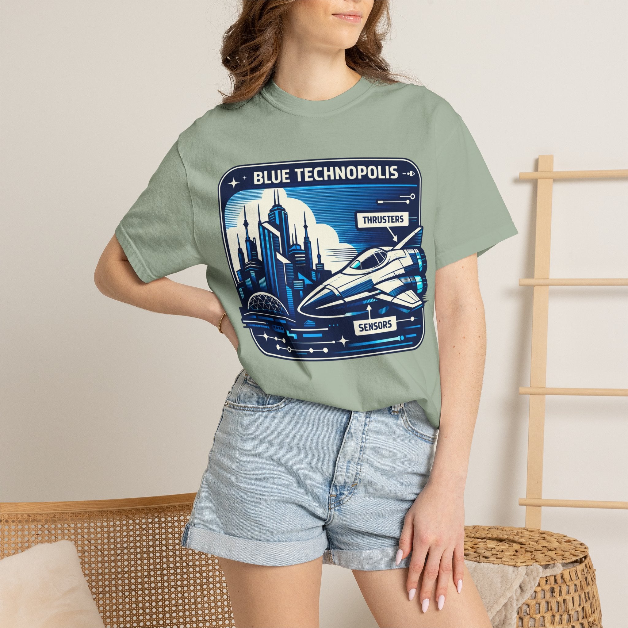 Power Runs Black PRB Technopolis Spacecraft T-Shirt — Blue Technopolis Retro Sci‑Fi Tee by Power Runs Black