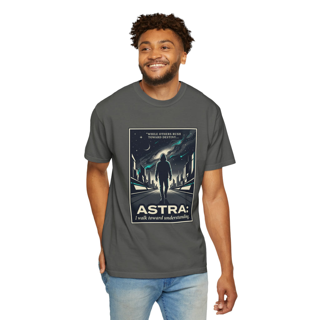 Power Runs Black Astra Sci‑Fi Graphic T-Shirt — "I walk toward understanding" Poster Design by Power Runs Black