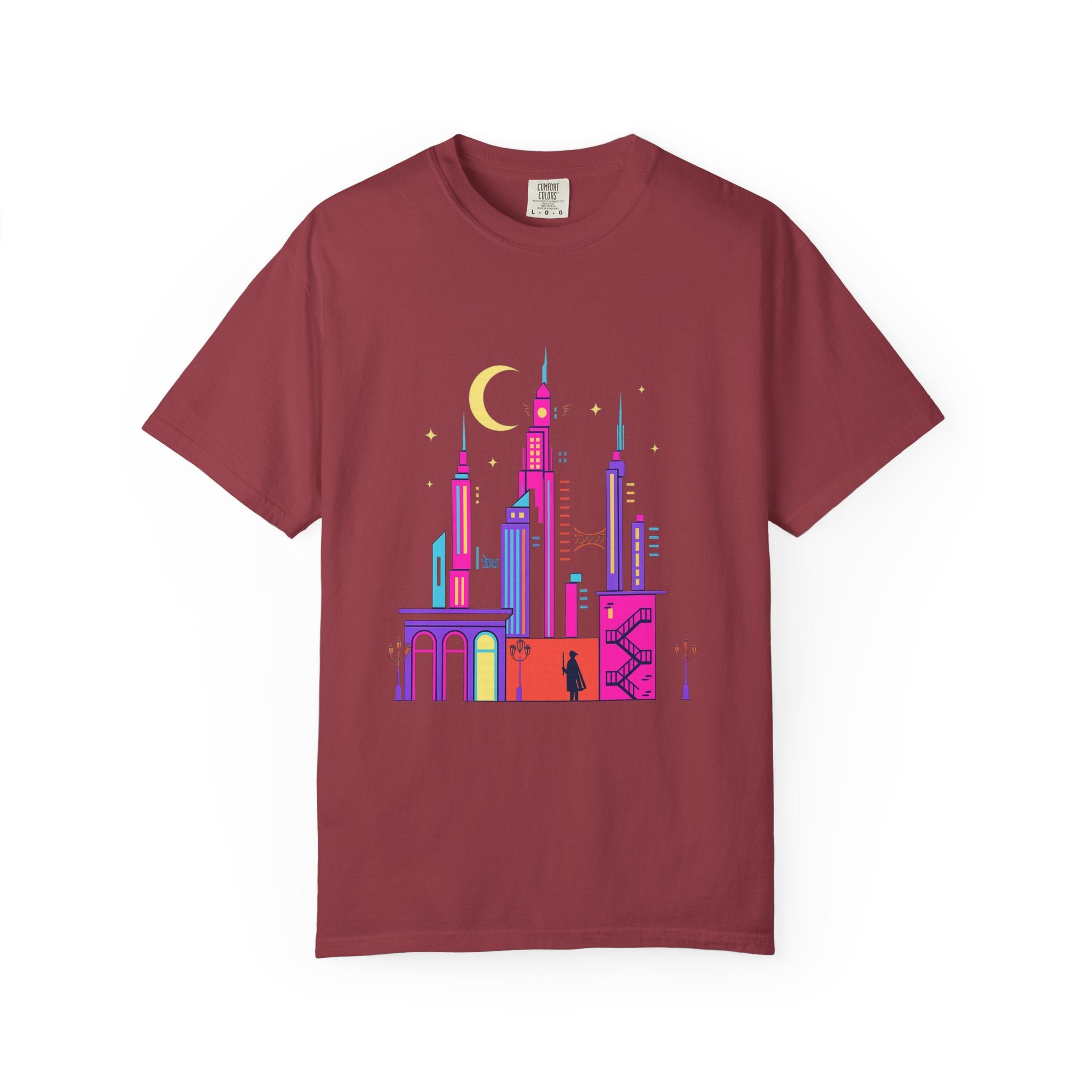 Power Runs Black PRB Neon City Skyline T-shirt | Vibrant Urban Nightscape Tee by Printify