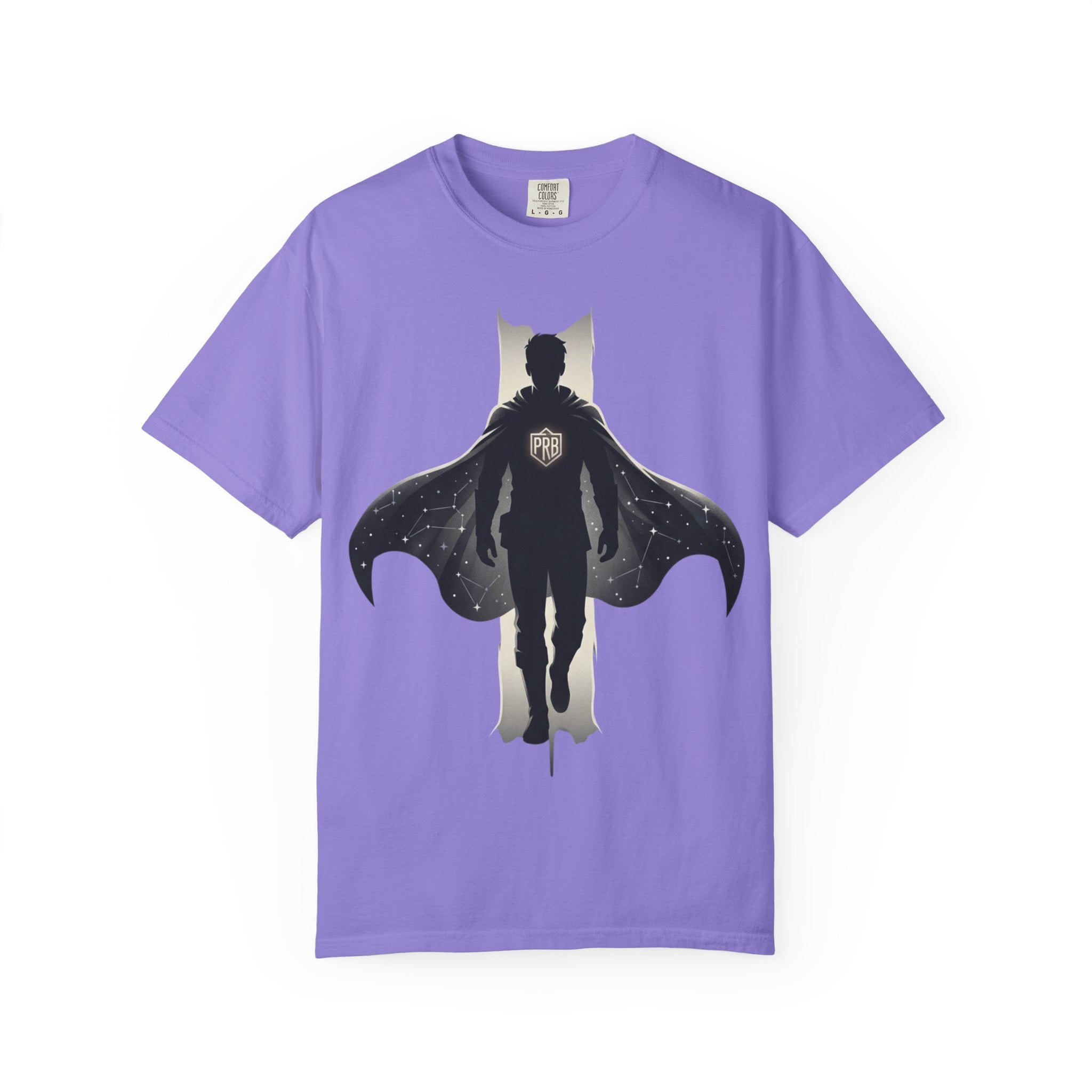 Power Runs Black Silhouette PRB Superhero with Cape T-shirt | Night Sky Emblem, Graphic Tee by Printify