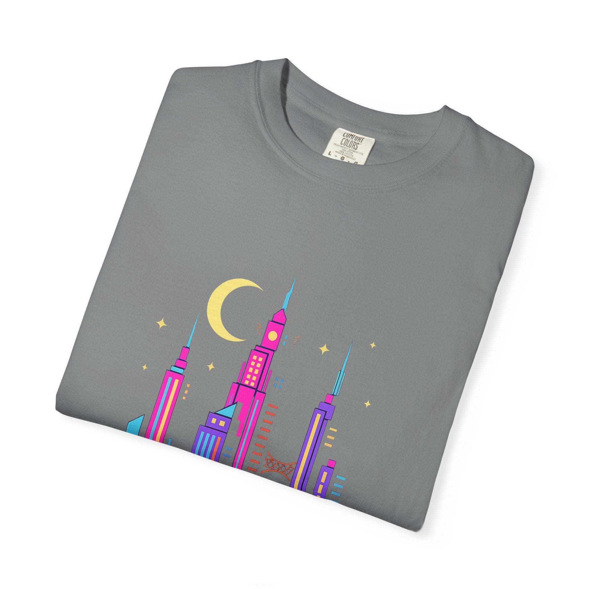 Power Runs Black PRB Neon City Skyline T-shirt | Vibrant Urban Nightscape Tee by Printify