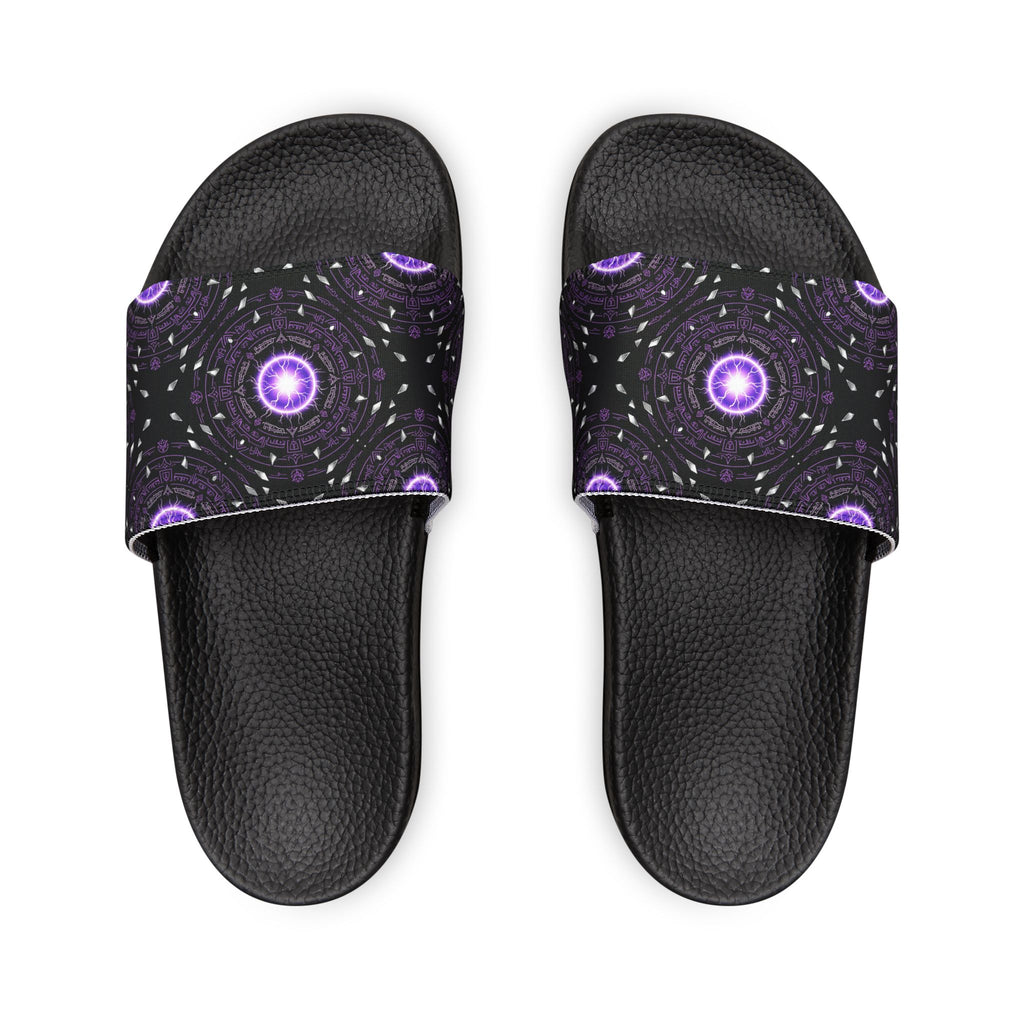 Power Runs Black Men's Removable-Strap Slide Sandals — Purple Cosmic Mandala Pattern by Power Runs Black