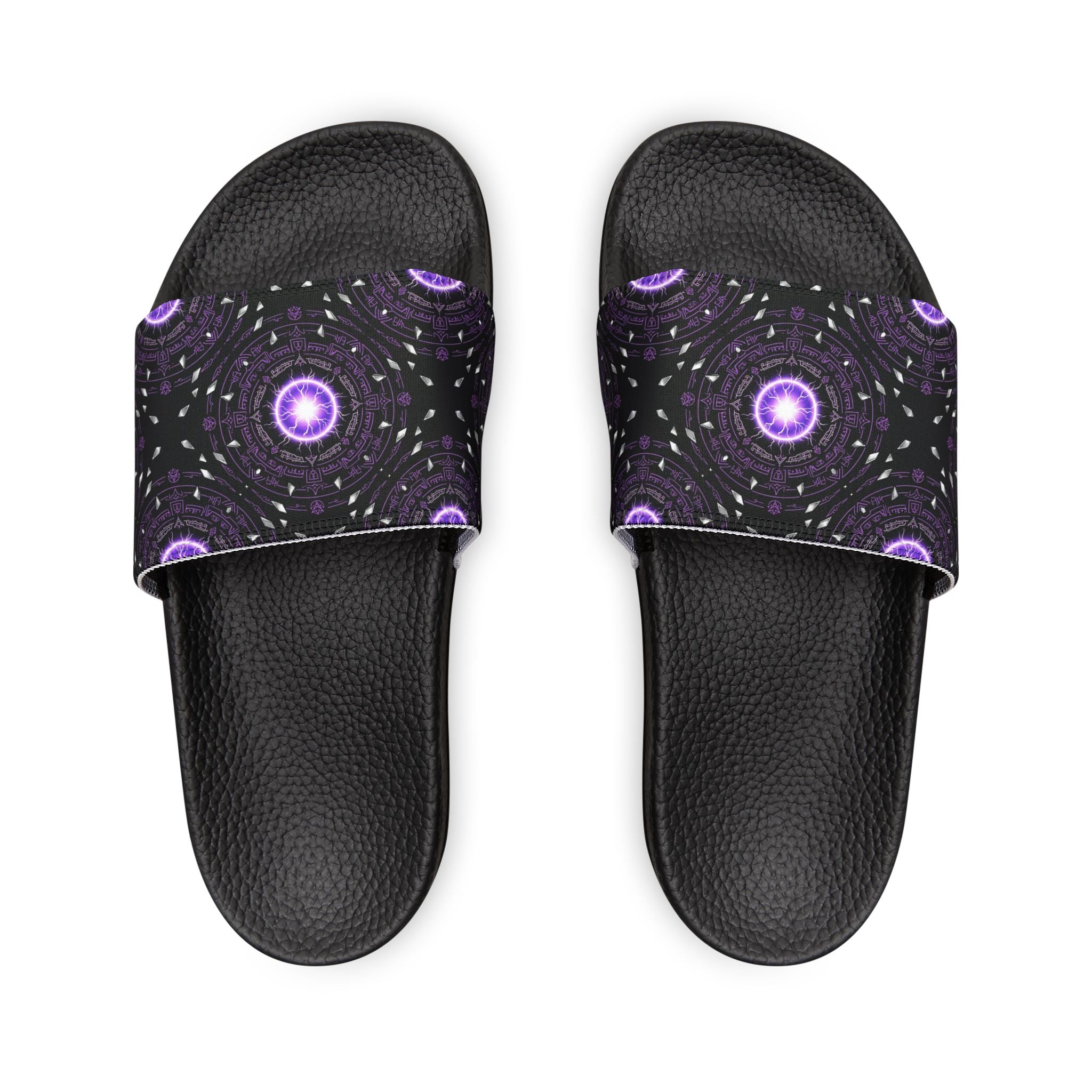 Power Runs Black Men's Removable-Strap Slide Sandals — Purple Cosmic Mandala Pattern by Power Runs Black