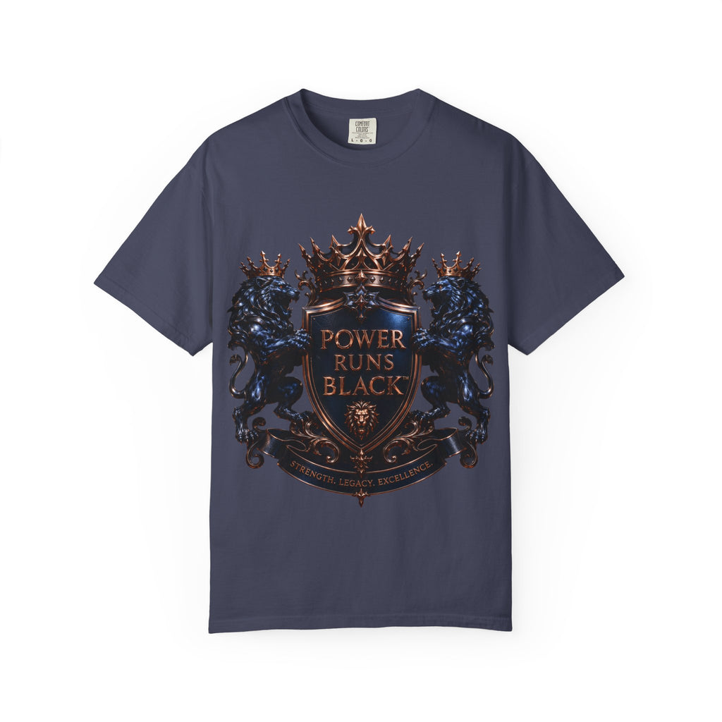 Power Runs Black Crest T-shirt | Heraldic Lion Shield Tee by Power Runs Black