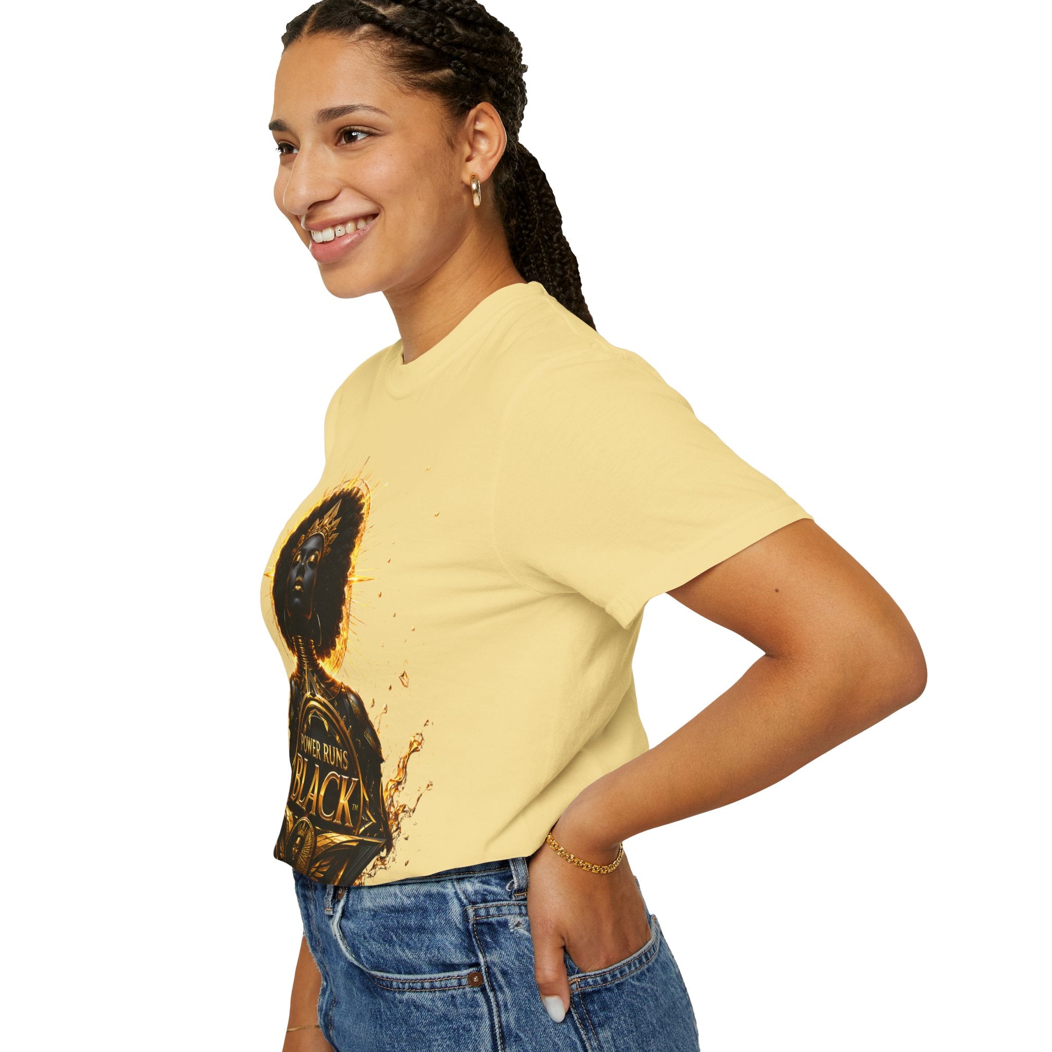 Power Runs Black goddess illustration T-Shirt | Afrocentric black pride design by Power Runs Black