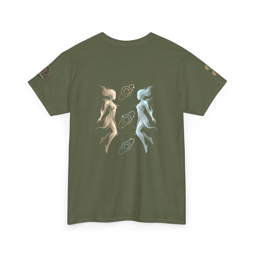 Power Runs Black Gemini Spirit Tee — Twin Sun & Moon Celestial Graphic T-Shirt by Printify